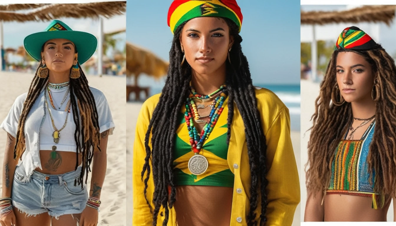 Ultra-realistic and highly detailed photos of Rastafarian women, Colorful costumes, long and disheveled hair, Tattooed hands and body, Fashion pose, Beautiful hazel eyes with detailed symmetry, Gorgeous face with attention to detail, Beach Resort Details, Sharp focus, Perfect lighting, wonderful, Digital SLR, 4K High Resolution. Additional details, Very sharp, Magic, The perfect moment, Natural Skin, pores