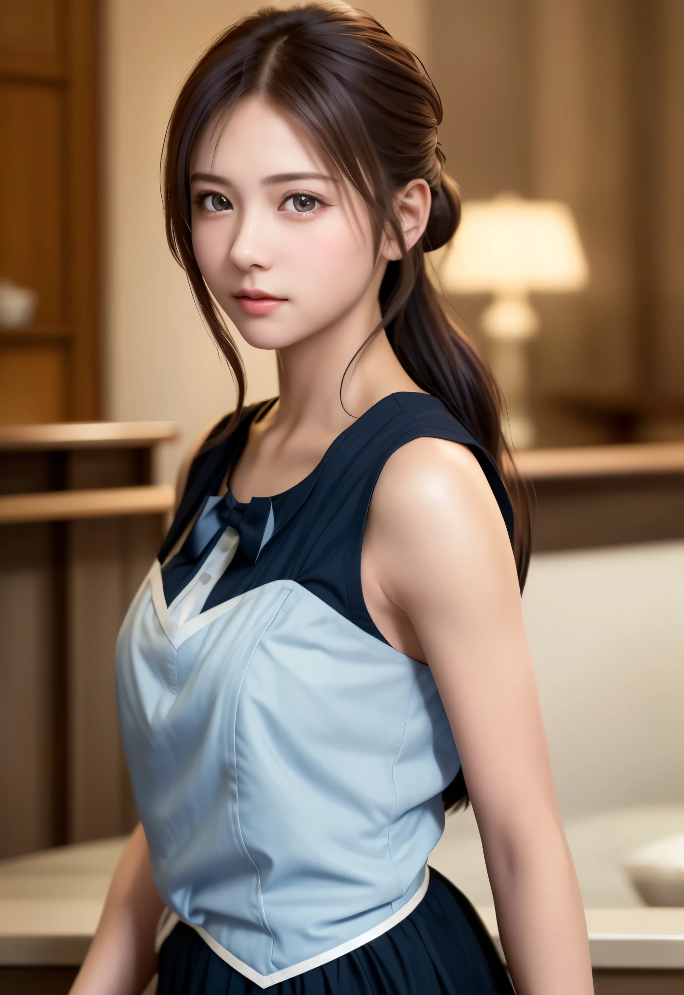 8K, of the highest quality, masutepiece:1.2), (Realistic, Photorealsitic:1.37), of the highest quality, masutepiece, Beautiful young woman, Pensive expression,、A charming、and an inviting look, Cute Maid Clothes, Hair tied back, Cinematic background, Light skin tone