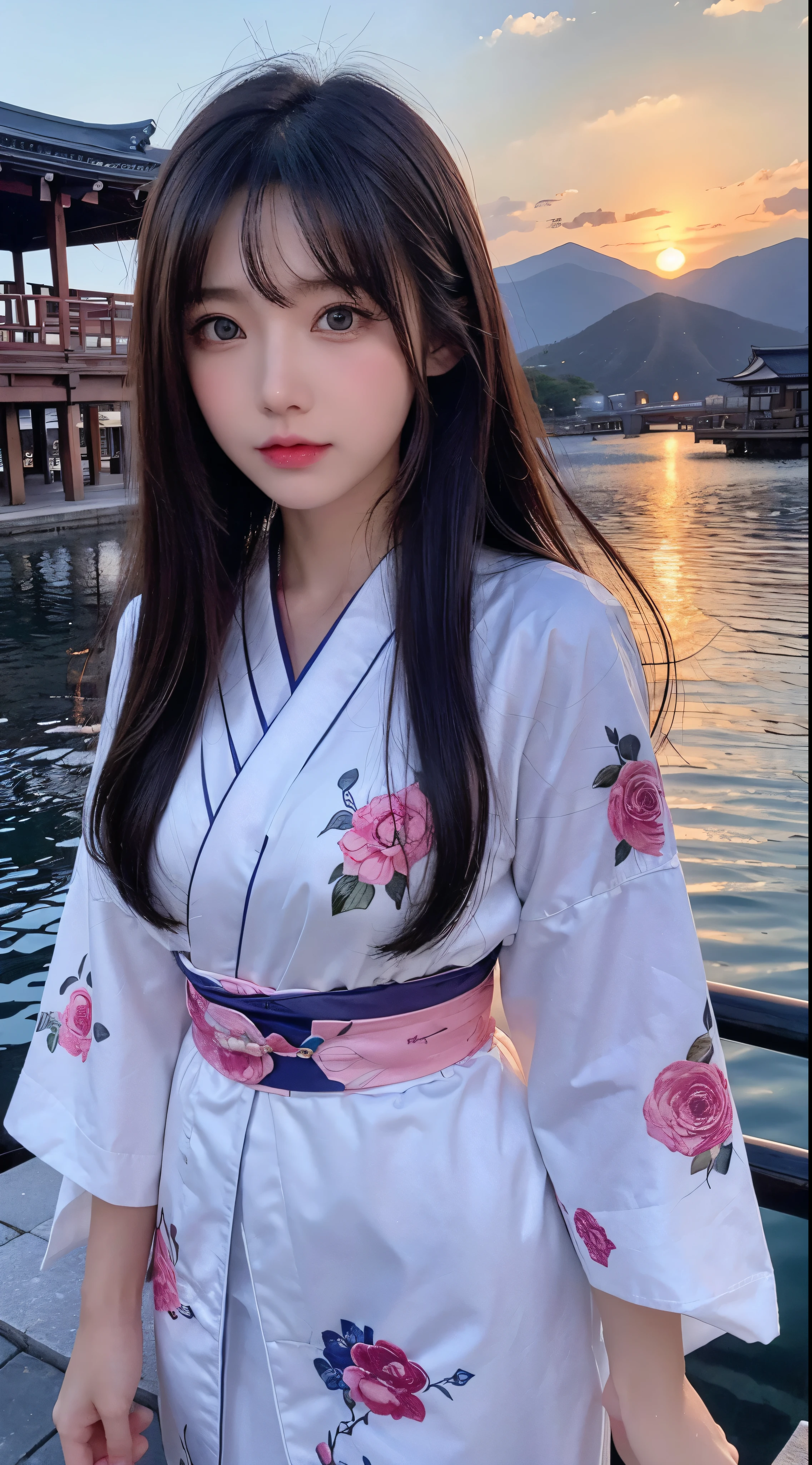 Top quality masterpiece:1　.2Ultra high definition、High resolution、Ultra HD Detailed Backgrounds:1.37 Detailed Eyes:1.5、Beautiful detailed eyes anime:1.2、Anime Style 1 Girl:1.2 people、Young girl:1.2 people beautiful girl:1.37、Long Hair Girl:1.4。Expressive Face:1.5、Kimono with expressive anime faces:1.2、Retro kimono Mount Fuji scenery:1.37、Outdoor、Beautiful sunset sky:1.4、Lake Pictures