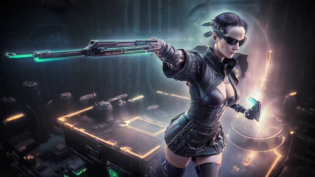 at night. futuristic railway station, neon-themed artwork with vibrant purple and blue colors, intense neon lights illuminating the entire scene, a dense layer of mist creating a dreamy atmosphere, a captivating and mesmerizing background with intricate details, a gaming-inspired theme with RGB lighting effects. (((1girl, solo, alone))), female assassin, large-breast:1.4 slim:0.8 body, medium hair, cleavage:1.1, sexy micro laced lingerie, (black sunglasses), (((((she raised a pistol:1.8 and shot the viewer))))), standing pose, ((half-body thigh:0.95 level medium shot)), cinematic lighting, lens flare, ray tracing.