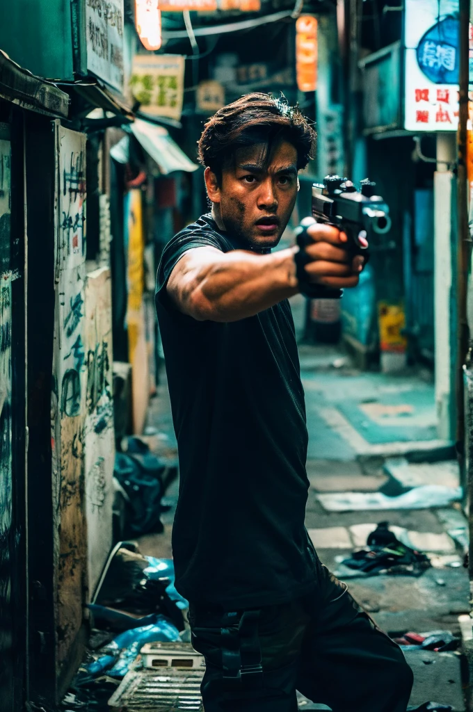 cinematic film still of In the 1980's In Hong Kong China a man wearing black t-shirt with a bloody face standing in a room aiming a black hand gun at camera while screaming in anger,solo,looking at viewer,brown hair,1boy,holding,weapon,male focus,holding weapon,gun,handgun,science fiction,realistic,aiming at viewer,cyberpunk,Asian,cinematic,action-themed,violence,aim,aiming,pointing,Kodak,Film style,movie style,film grain,film contrast,action packed,serious,stunt,Hong Kong action cinema style,Asian,cinematic,action-themed,violence,aim,aiming,pointing,Kodak,Film style,movie style,film grain,film contrast,action packed,serious,stunt,Hong Kong action cinema style, shallow depth of field, vignette, highly detailed, high budget, bokeh, cinemascope, moody, epic, gorgeous, film grain, grainy