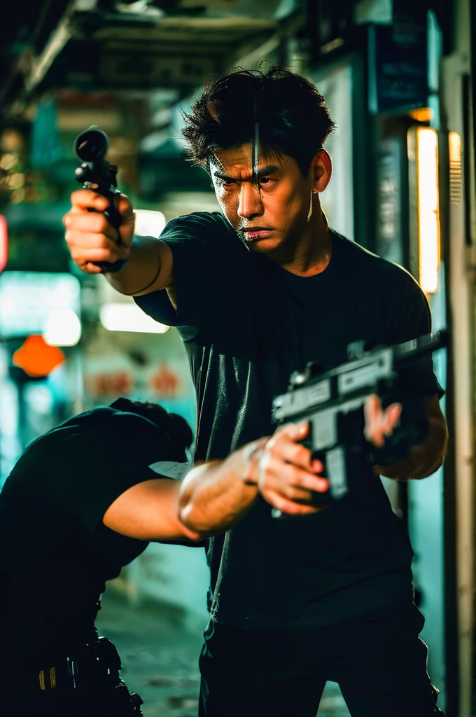 cinematic film still of In the 1980's In Hong Kong China a man wearing black t-shirt with a bloody face standing in a room aiming a black hand gun at camera while screaming in anger,solo,looking at viewer,brown hair,1boy,holding,weapon,male focus,holding weapon,gun,handgun,science fiction,realistic,aiming at viewer,cyberpunk,Asian,cinematic,action-themed,violence,aim,aiming,pointing,Kodak,Film style,movie style,film grain,film contrast,action packed,serious,stunt,Hong Kong action cinema style,Asian,cinematic,action-themed,violence,aim,aiming,pointing,Kodak,Film style,movie style,film grain,film contrast,action packed,serious,stunt,Hong Kong action cinema style, shallow depth of field, vignette, highly detailed, high budget, bokeh, cinemascope, moody, epic, gorgeous, film grain, grainy