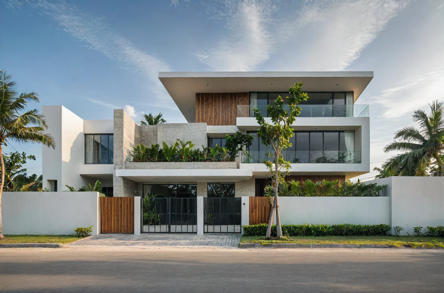 exterior house, contemporary style, white wall, wood wall, steel door, glass window, (realistic:1.2), Masterpiece, high quality, best quality, authentic, super detail, outdoors,road, trees, sky, cloud, (daylight:1.1), modern luxury villa, coconut trees, landscape, along the white beach, clear sky, day time, warm lighting RAW Photo, RAW texture, Super Realistic, 32K UHD, DSLR, soft lighting, high quality, film rating, Fujifilm XT3,Modern, Residential Architecture,  car in front of house