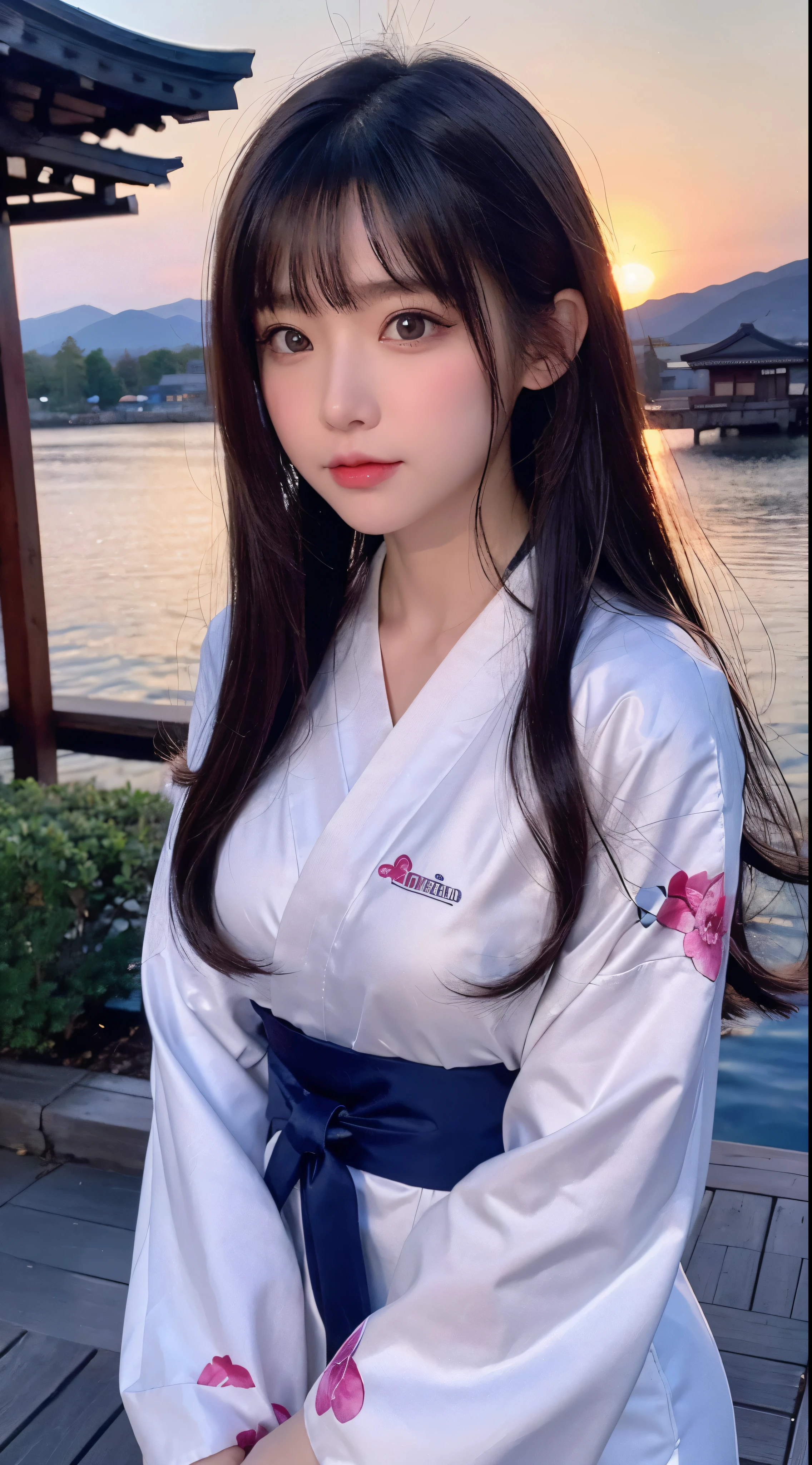 Top quality masterpiece:1　.2Ultra high definition、High resolution、Ultra HD Detailed Backgrounds:1.37 Detailed Eyes:1.5、Beautiful detailed eyes anime:1.2、Anime Style 1 Girl:1.2 people、Young girl:1.2 people beautiful girl:1.37、Long Hair Girl:1.4。Expressive Face:1.5、Kimono with expressive anime faces:1.2、Retro kimono Mount Fuji scenery:1.37、Outdoor、Beautiful sunset sky:1.4、Lake Pictures