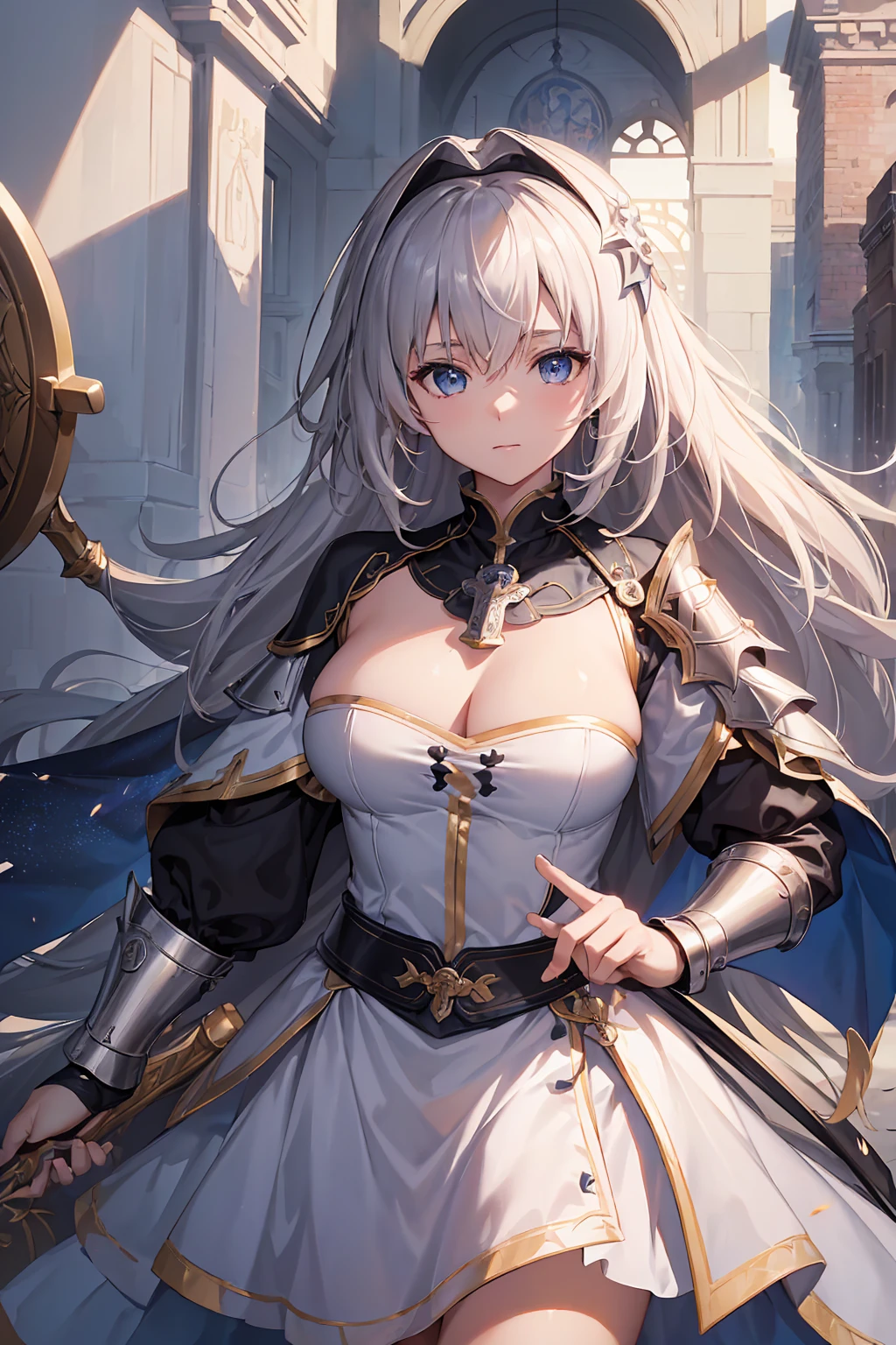 (8K, masterpiece, high quality, High resolution), (Jeanne d&#39;Arc, (ruler) (destiny)), (Full body front),Beautiful Knight, Super long golden hair, blue eyes, Knitting the back, Wearing armor, (Let&#39;s kneel and join our hands in prayer,Prayer Pose:1.3), war,battlefield,Cityscape of flames and rubble, Nice views, Outdoor,