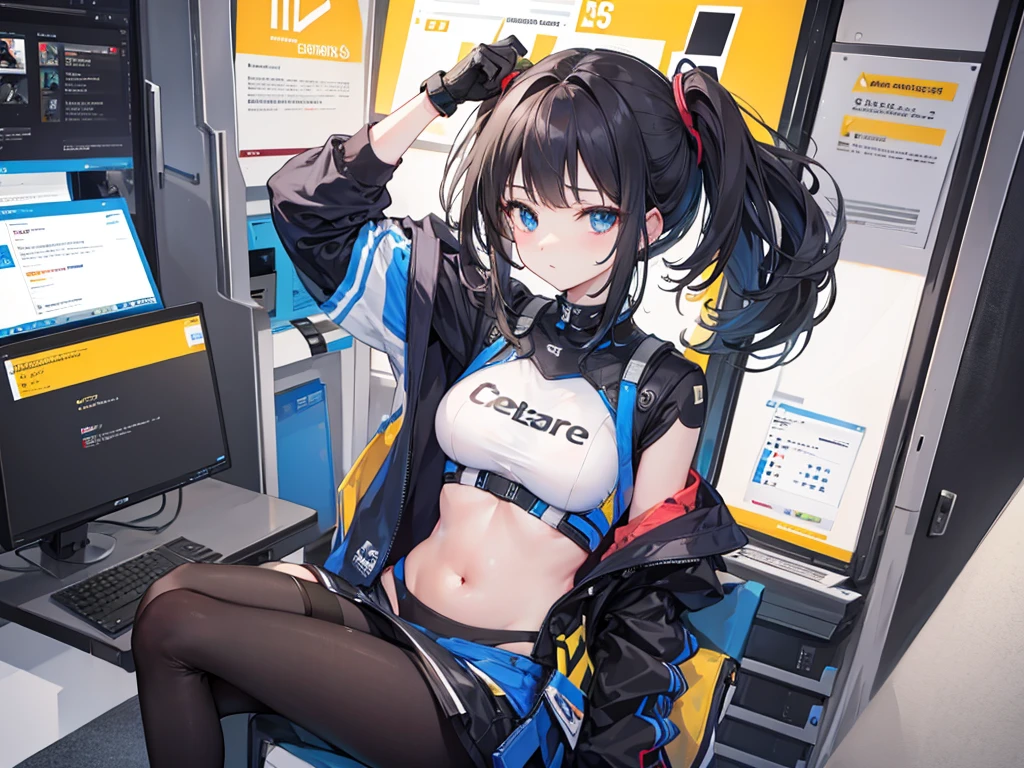 Masterpiece, best quality, ridiculous, perfect anatomy, 1girl, solo, Cagliostro, long hair, baseball cap, t-shirt, denim skirt, pantyhose under a short skirt, sitting, from the side,