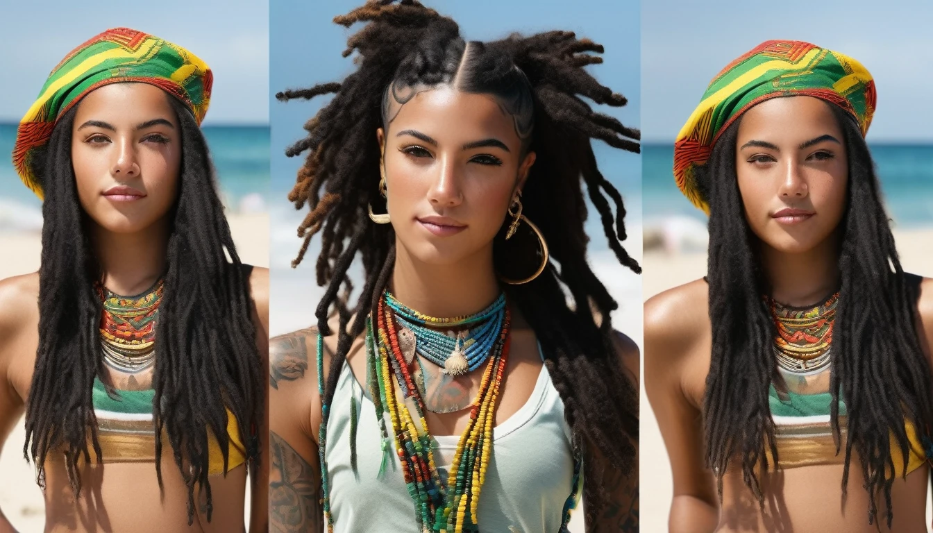 Ultra-realistic and highly detailed photos of Rastafarian women, Colorful costumes, long and disheveled hair, Tattooed hands and body, Fashion pose, Beautiful hazel eyes with detailed symmetry, Gorgeous face with attention to detail, Beach Resort Details, Sharp focus, Perfect lighting, wonderful, Digital SLR, 4K High Resolution. Additional details, Very sharp, Magic, The perfect moment, Natural Skin, pores