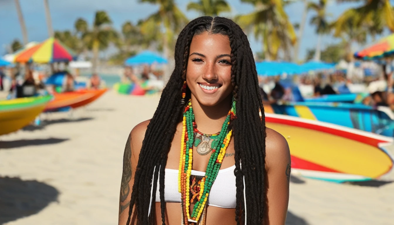 Ultra-realistic and highly detailed photos of Rastafarian women, Colorful costumes, long and disheveled hair, Tattooed hands and body, Fashion pose, Beautiful hazel eyes with detailed symmetry, Gorgeous face with attention to detail, Beach Resort Details, Sharp focus, Perfect lighting, wonderful, Digital SLR, 4K High Resolution. Additional details, Very sharp, Magic, The perfect moment, Natural Skin, pores