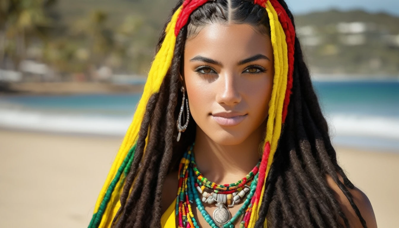 Ultra-realistic and highly detailed photos of Rastafarian women, Colorful costumes, long and disheveled hair, Tattooed hands and body, Fashion pose, Beautiful hazel eyes with detailed symmetry, Gorgeous face with attention to detail, Beach Resort Details, Sharp focus, Perfect lighting, wonderful, Digital SLR, 4K High Resolution. Additional details, Very sharp, Magic, The perfect moment, Natural Skin, pores