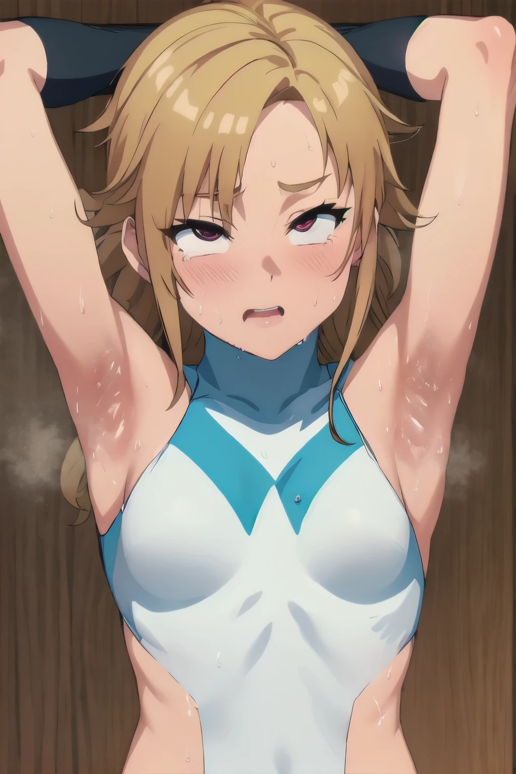 Temari,1girl, solo,armpits,wet armpits, showing wet armpits, armpit,armpits,sweat,sweaty,sweaty armpits,awesome armpits,tired,exhausted,arms up,blackish arm warmers,sleeveless