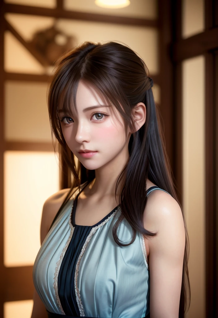 8K, of the highest quality, masutepiece:1.2), (Realistic, Photorealsitic:1.37), of the highest quality, masutepiece, Beautiful young woman, Pensive expression,、A charming、and an inviting look, Cute Maid Clothes, Hair tied back, Cinematic background, Light skin tone