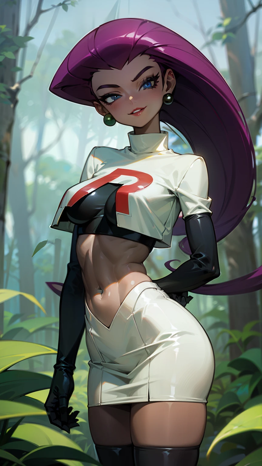  (Masterpiece), Best Quality, ultra-detailed, 1girl (jessie pokemon, Big and pretty breasts, naked body, dark skin, purple hair, hair slicked back, long hair,blue eyes, half-closed eyes), evil face,head tilt, facing viewer, looking at viewer,  smirk, parted lips, mascara, full makeup, black eyeshadow, red lipstick, solo,team rocket uniform, white skirt, crop top, thighhighs, elbow gloves, in the forest, night time,  standing, sexy waist teasing, from_below 