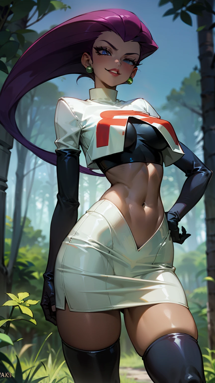 (Masterpiece), Best Quality, ultra-detailed, 1girl (jessie pokemon, Big and pretty breasts, hair slicked back, long hair,purple hair,blue eyes ), wicked smile, parted lips, facing viewer, looking at viewer, solo,
team rocket ,team rocket uniform ,white skirt,crop top,thighhighs,elbow gloves, in the forest, standing, Sexy waist teasing