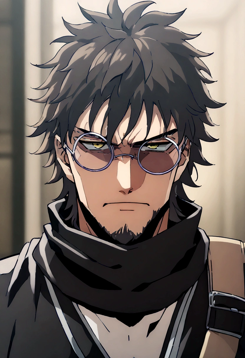 Anime man, shaved beard, serious face, black fluffy messy hair, black suit, cool, ((best quality)), black scarf, black waist straps, Fanny pack across shoulder, circle glasses, black cape