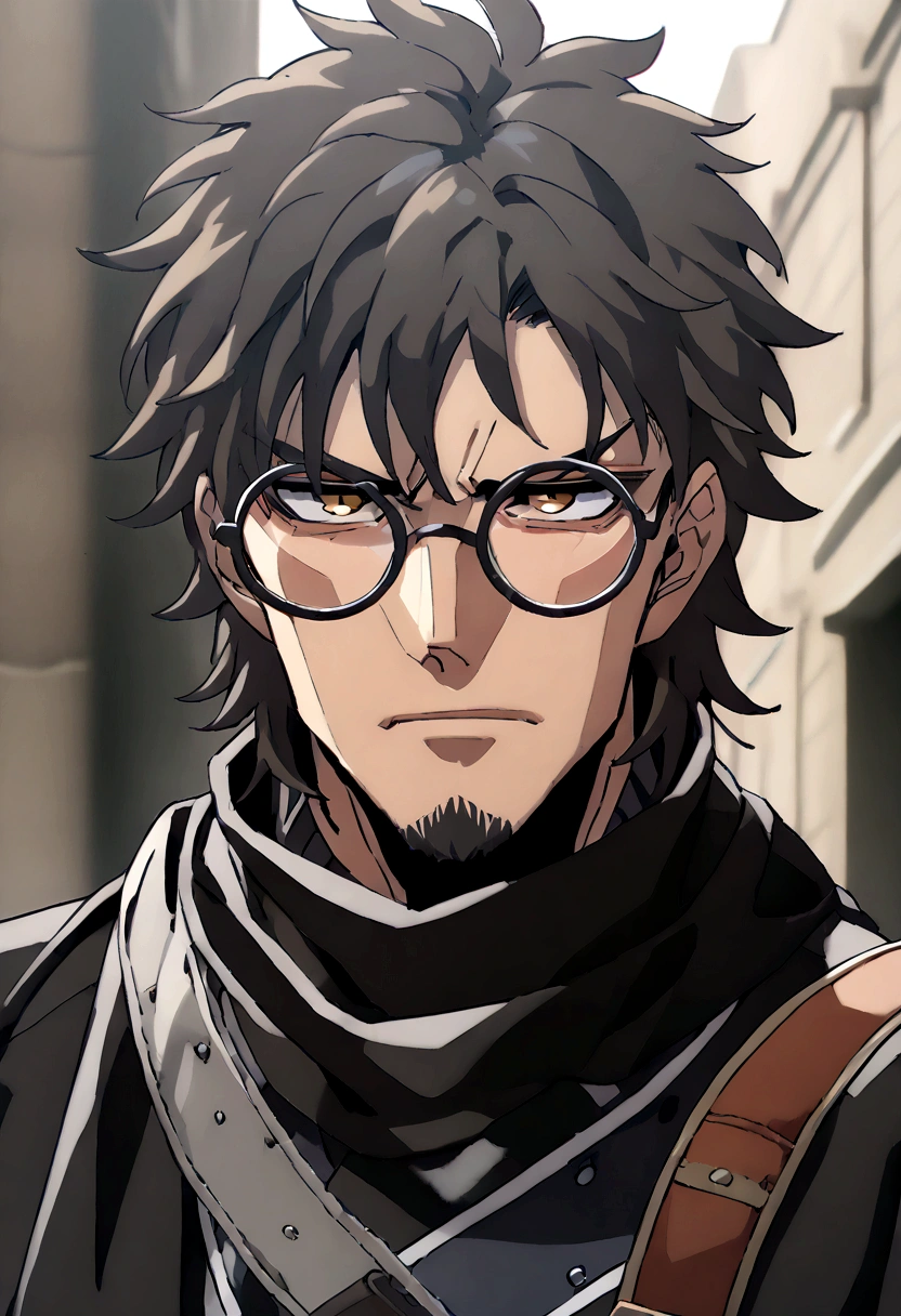 Anime man, shaved beard, serious face, black fluffy messy hair, black suit, cool, ((best quality)), black scarf, black waist straps, Fanny pack across shoulder, circle glasses, black cape