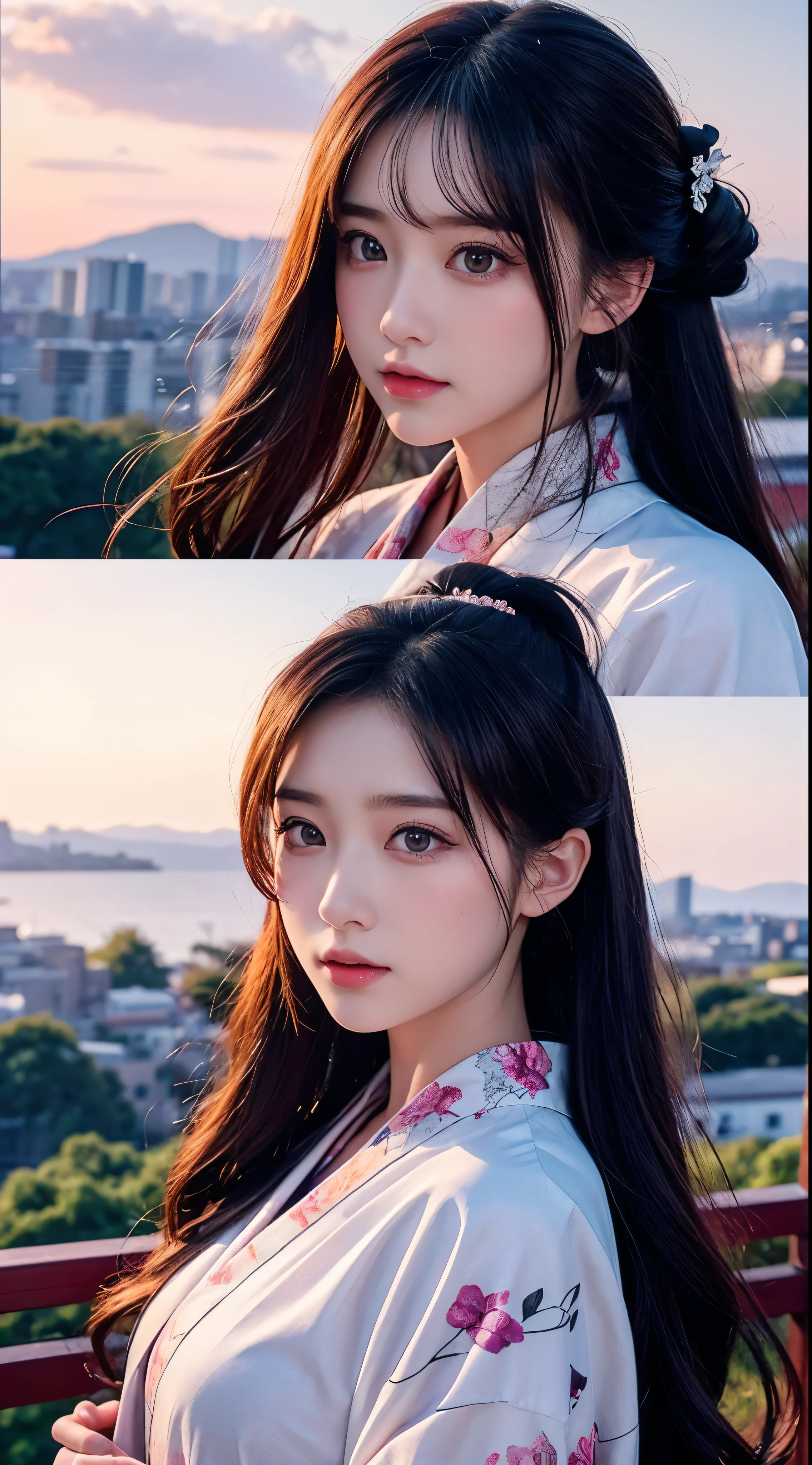 Top quality masterpiece:1　.2Ultra high definition、High resolution、Ultra HD Detailed Backgrounds:1.37 Detailed Eyes:1.5、Beautiful detailed eyes anime:1.2、Anime Style 1 Girl:1.2 people、Young girl:1.2 people beautiful girl:1.37、Long Hair Girl:1.4。Expressive Face:1.5、Kimono with expressive anime faces:1.2、Vivid Kimono ，Landscape from the top of the hill:1.37、Outdoor、Beautiful summer sky:1.4、