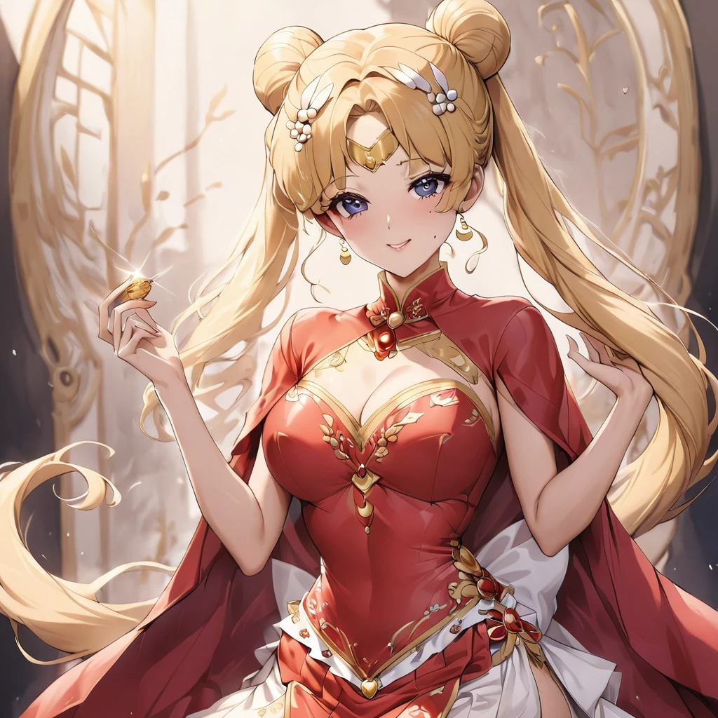 ((Highest quality)), ((masterpiece)), (detailed), (Perfect Face)、The woman is wearing a gorgeous, glittering, long-slit, red see-through Chinese dress with gold embroidery, a red veil and a red see-through cape, a gorgeous hair ornament, and gorgeous jeweled accessories.、The woman is the elegant Tsukino Usagi, with long blonde hair in a chignon twin tail.、A woman is being embraced and kissed by a man dressed in Hanfu.