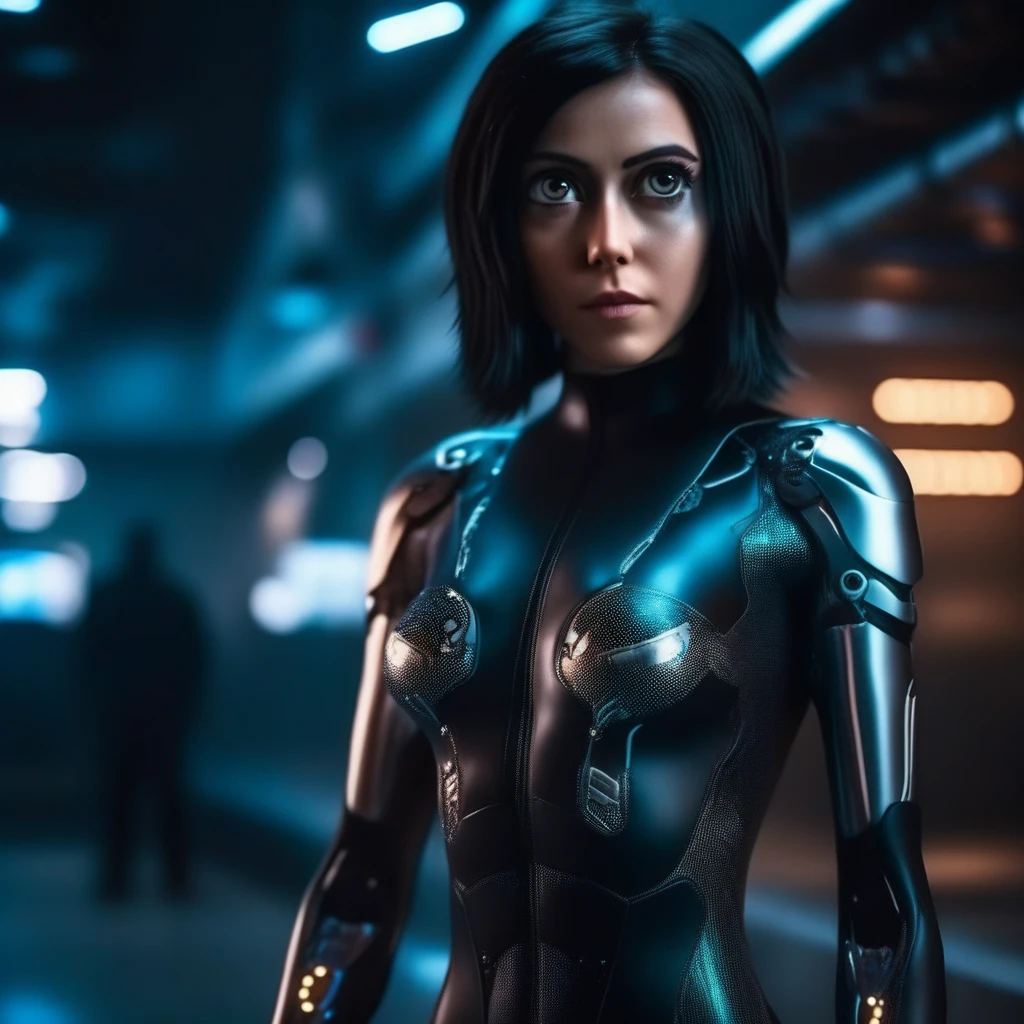 cinematic photo a woman with big eyes, full body, futuristic carbon body suit, cyberpunk background . 35mm photograph, film, bokeh, professional, 4k, highly detailed
