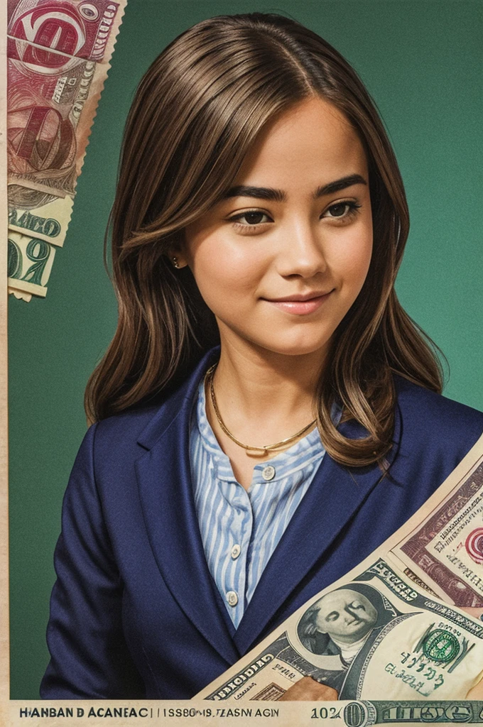 Boy in suit holding a bill in front of the computer, serious business, flaunting his wealth,Stock quotes by Linus Sebastian, The Wolf of Wall Street, , Barron Trump,