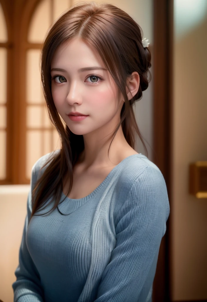 8K,Best Quality, masutepiece, 超A high resolution, (Photorealistic:1.4), Raw photo, (Authentic skin texture:1.3), (Film grain:1.3), (Selfie angle),1girl in, Bun hairstyle, Brown hair, Sitting, Chair, bored, Hand supporting chin, beautiful detailed eyes and face,masutepiece, Best Quality,close-up,upper bod,