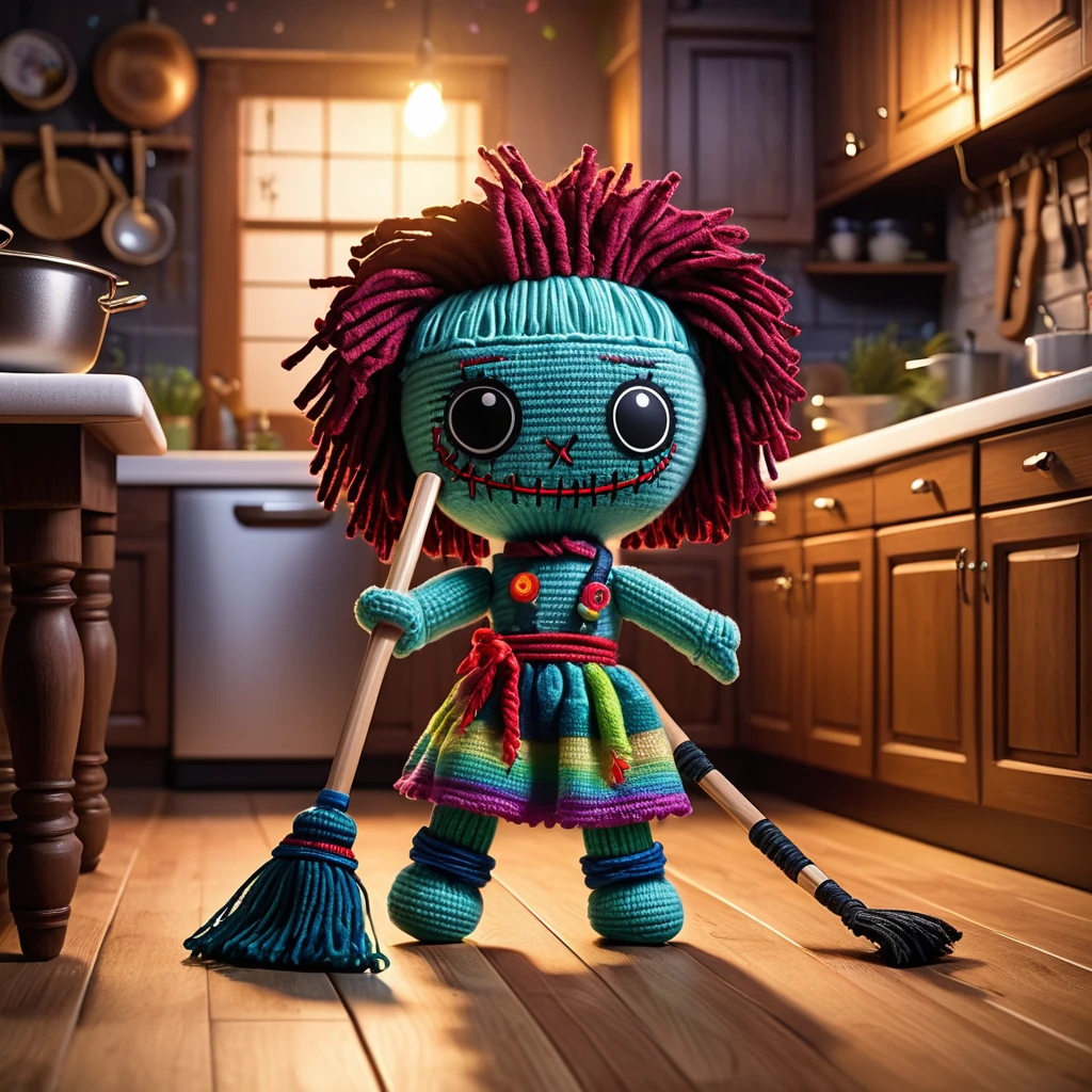(Crocheted Voodoo Doll:1.7), (Monica Geller from Voodoo Friends:1.3), (clothing: The perfect 90s outfit, Well made and clean:1.0), (accessories: Magical cleaning products:1.1), (background: Clean Friends Apartment Kitchen with pots and pans, Luminous Fridge Magnets, A sense of organized perfection:1.2), Highest quality, masterpiece, Soft oil painting with attention to detail, 詳細なbackground, dramatic cinematographic lighting, soft edge lighting, Professional, Dramatic lighting, hard edge lighting, super high quality, 4K,masterpiece, Highest quality, 8K, ultra High resolution, High resolution, Very detailed