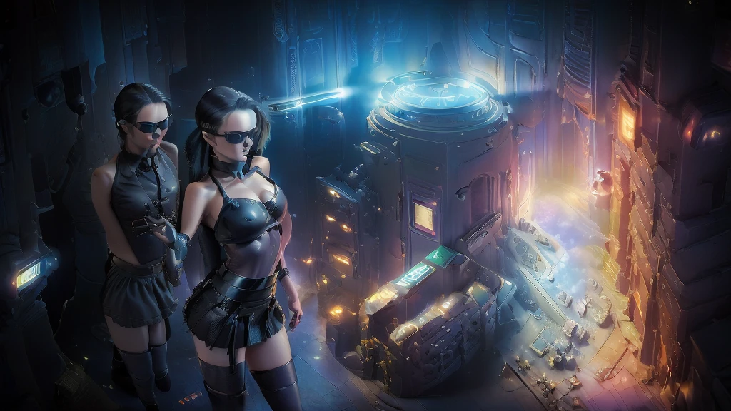 At night, (((aerial view of futuristic sci-fi cyberpunk city, skyscrapers, (vortex-spirit-spreading giant ghost hologram clock tower as time machine), high quality))). Matrix style, (1girl, solo), photo realistic, (((large-breast:1.2 slim body, cleavage:1.3, tube top, very short pleated (((miniskirt))) exposing panty))), (((((matrix style black sunglasses, aiming at camera with a (mini rifle)))))), (((dynamic pose, half-body (thigh level) medium shot))), (cinematic lighting, zoom in blurred background).