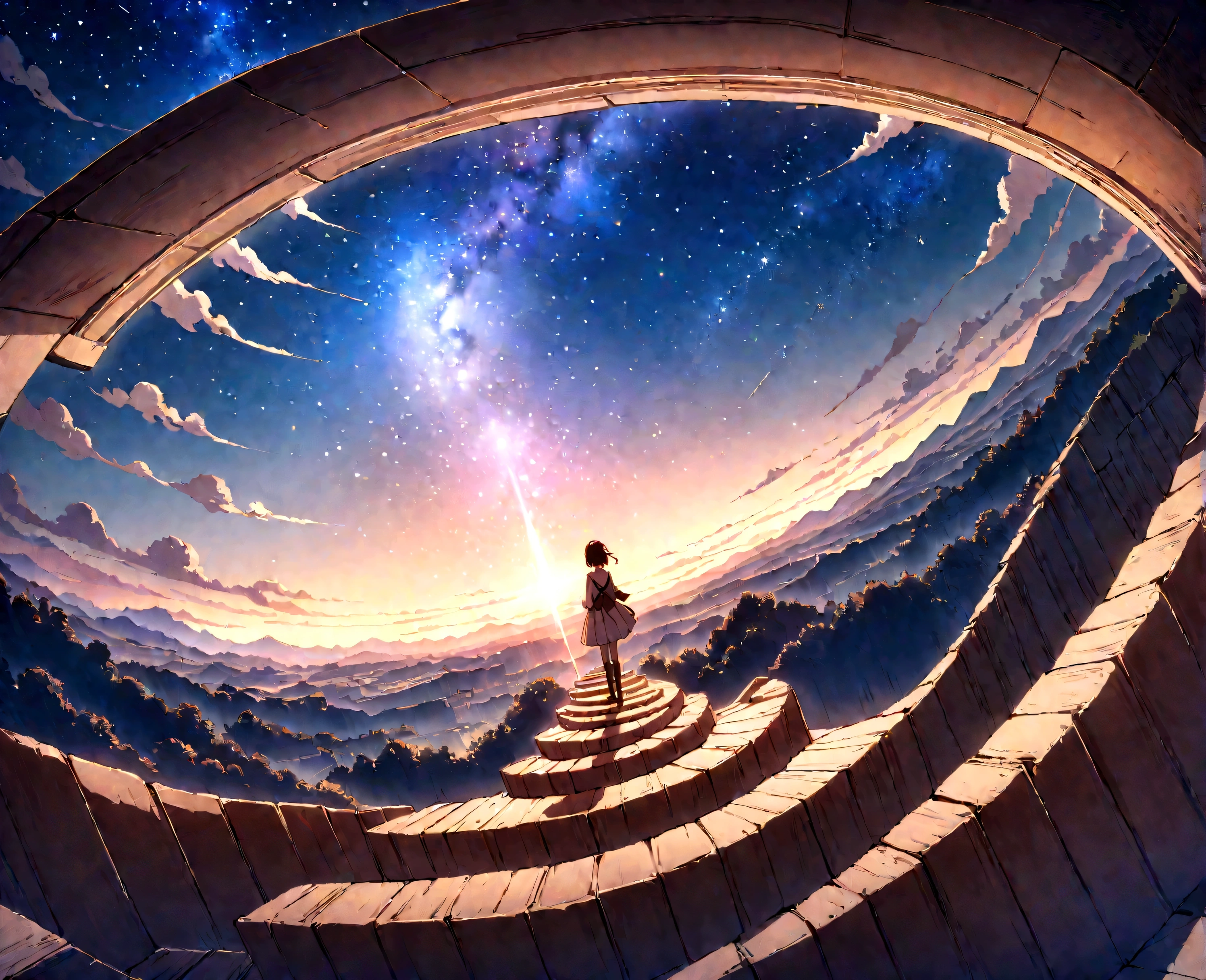High quality masterpiece, landscape, Uyuni salt lake、Spiral staircase to heaven、 明るいStarry Sky. Uyuni salt lake, Pixiv, Concept Art, Lofi Art style, reflection. by Makoto Shinkai, Lofi Art, Beautiful anime scene, Anime landscape, 詳細なlandscape —幅672, in Makoto Shinkai's Style, Makoto Shinkai's Style, Enhanced Details.Spiral staircase to heaven、 Famous anime drawings, Topics on pixiv, magical realism, Space Sky. by Makoto Shinkai, Starry Sky!!, Awesome Wallpapers, Anime Sky, the sky is a Starry Sky, Atmospheric anime, Anime Background, Anime Background art, Starry Sky, Star-filled sky