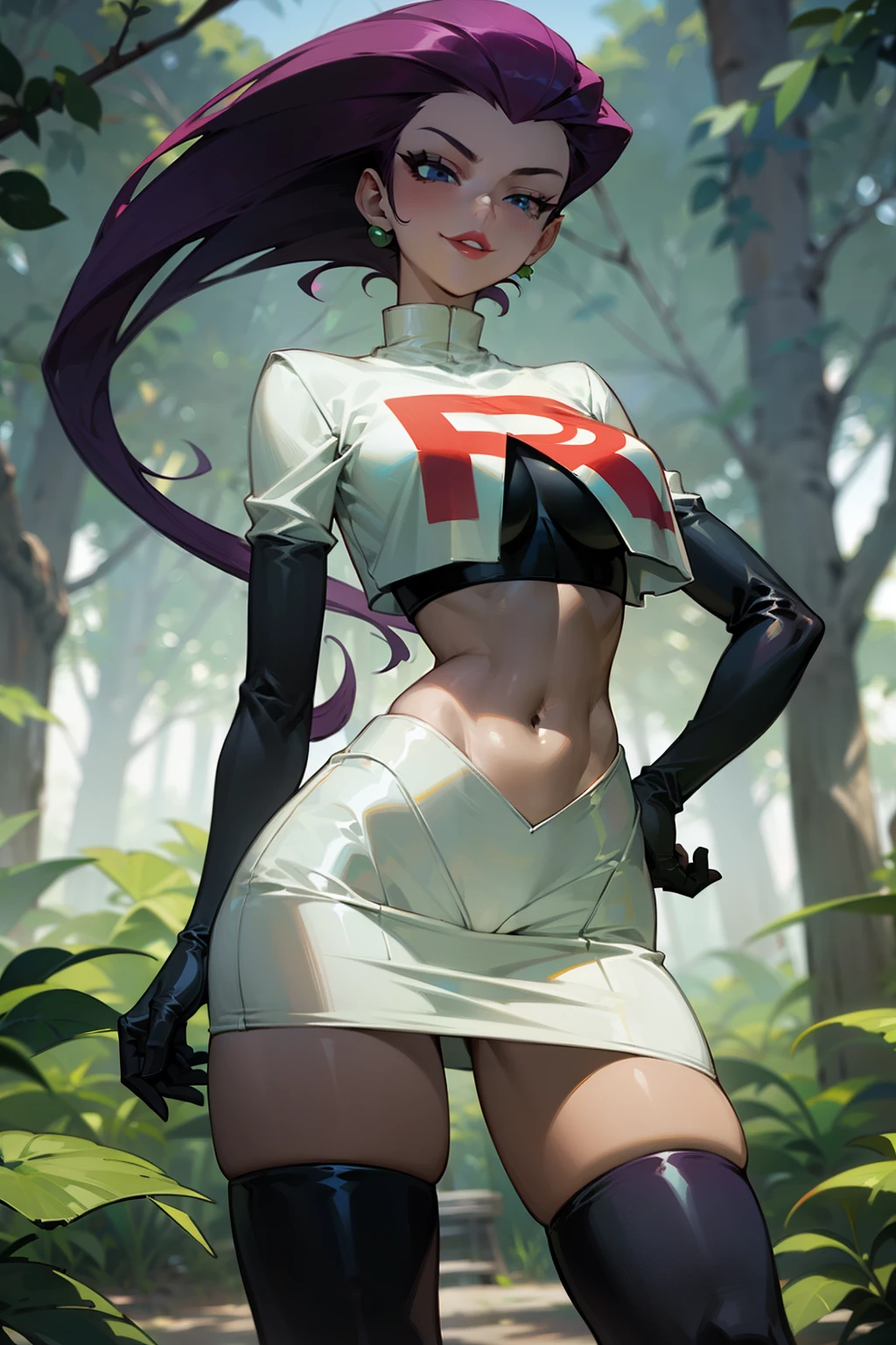 (Masterpiece), Best Quality, ultra-detailed, 1girl (jessie pokemon, Big and pretty breasts, naked body, long hair,purple hair,blue eyes, half-closed eyes),evil face, smirk, parted lips, head tilt, mascara, full makeup, black eyeshadow, red lipstick, solo, nude,
team rocket ,team rocket uniform ,white skirt,,elbow gloves, in the forest, standing, Sexy waist teasing