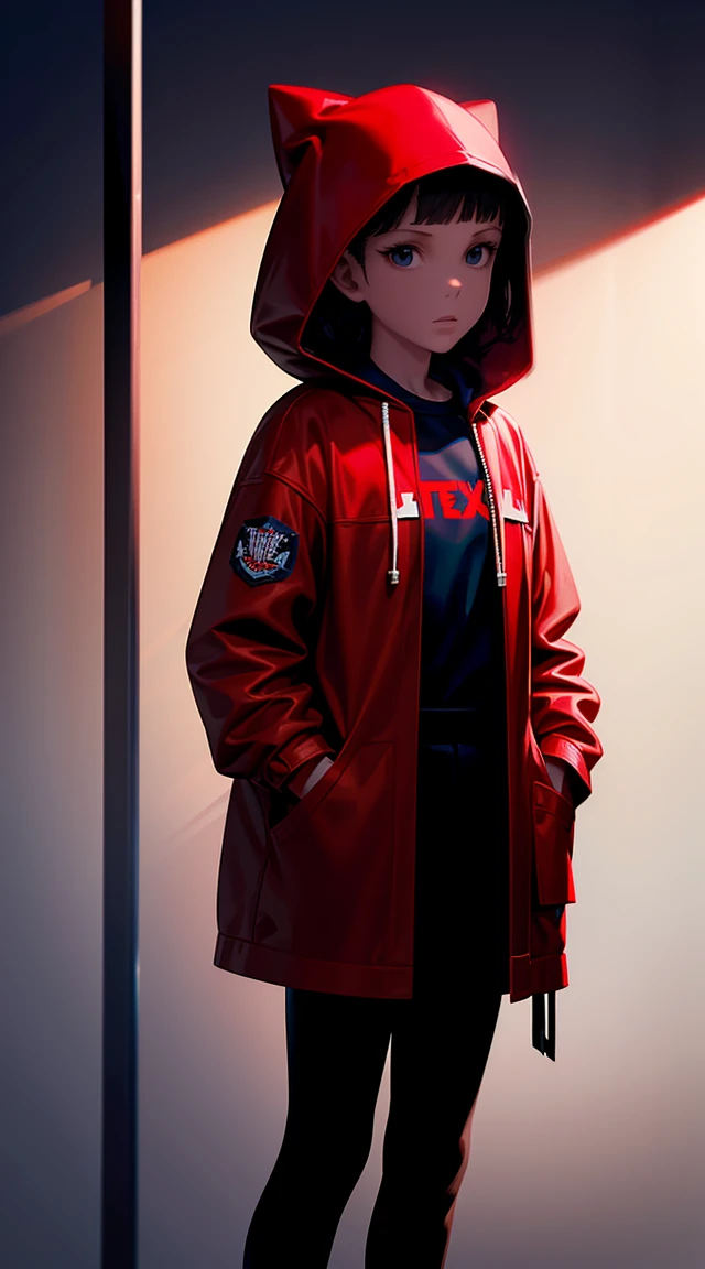 Millie Bobby Brown, mbb, wearing a red jacket and a hood in a dark forrest, horror style, stranger things, netflix, d3m0g