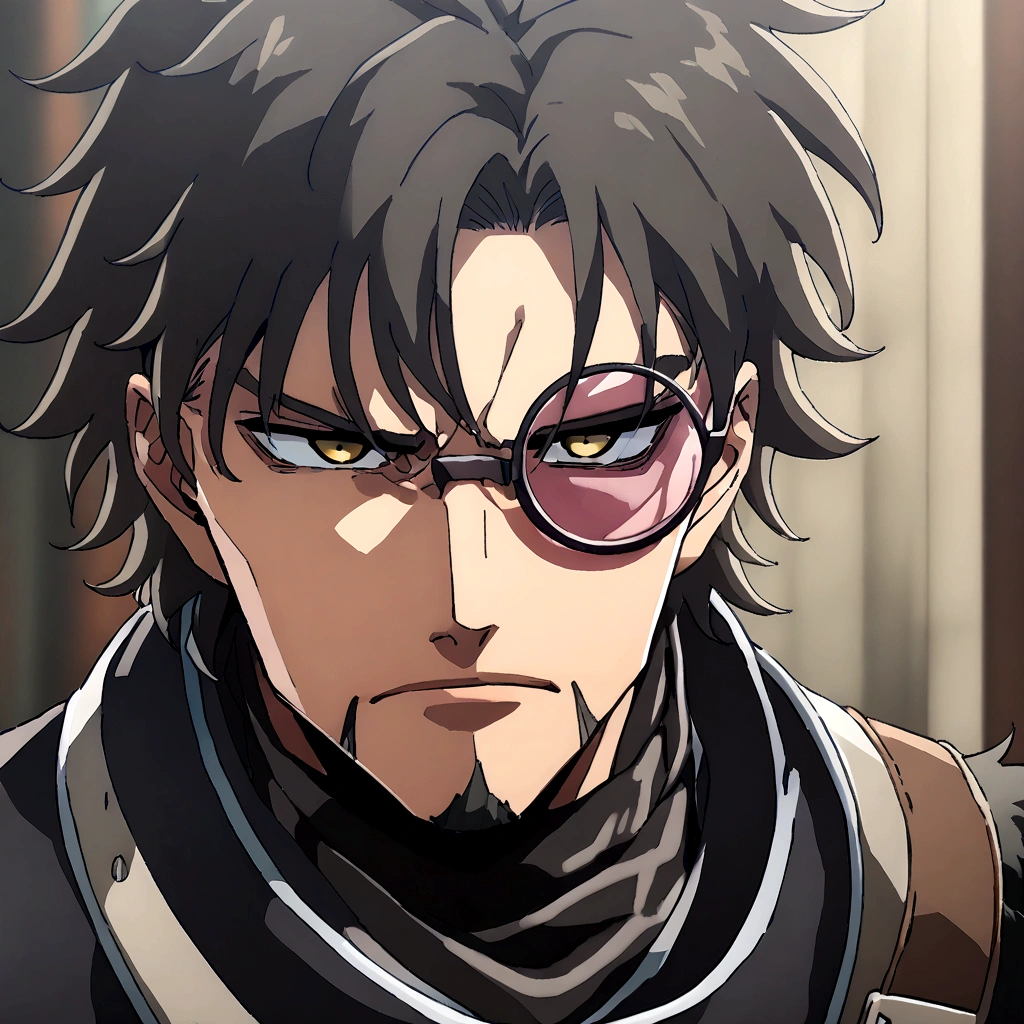 Anime man, shaved beard, serious face, black fluffy messy hair, black suit, cool, ((best quality)), black scarf, black waist straps, Fanny pack across shoulder, circle glasses