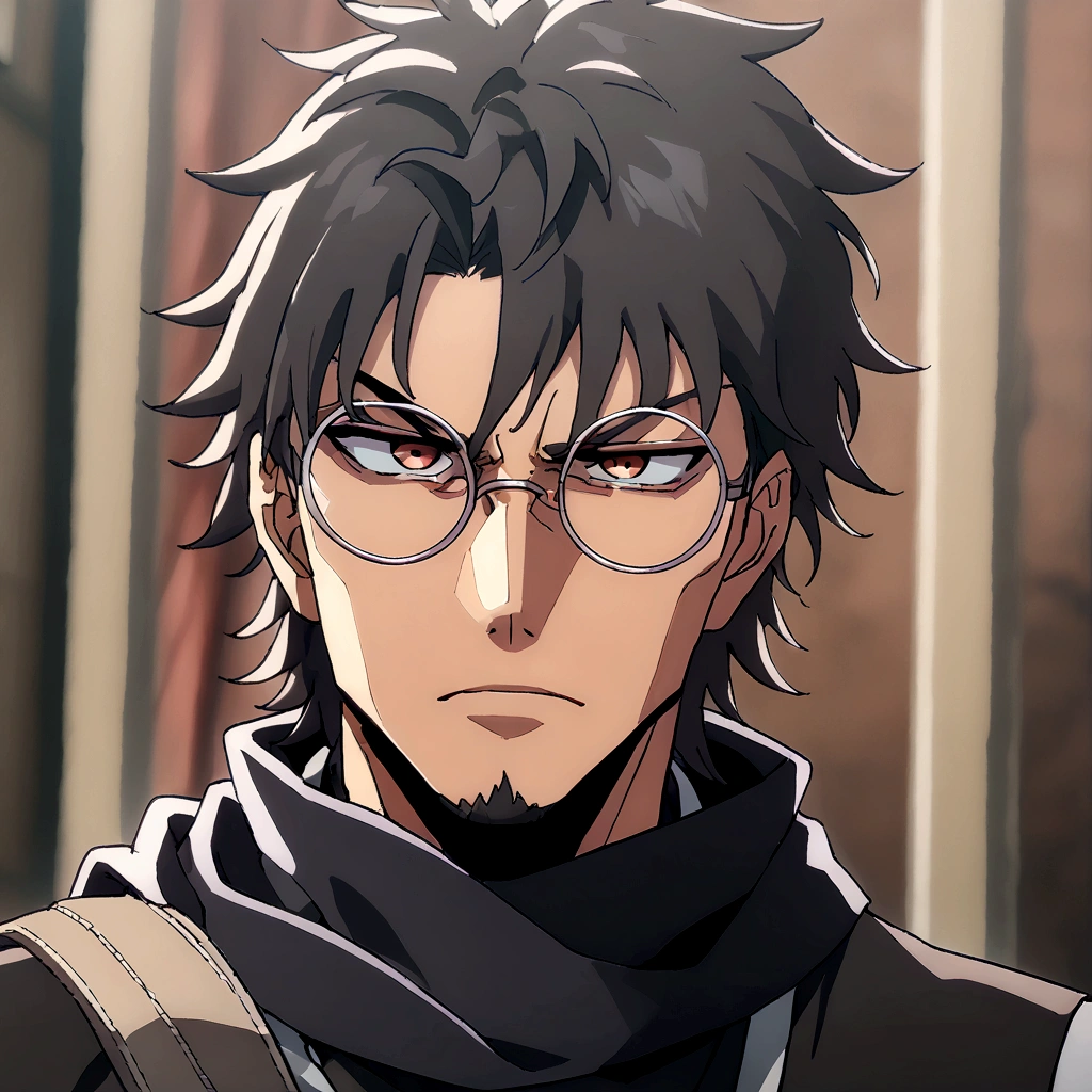 Anime man, shaved beard, serious face, black fluffy messy hair, black suit, cool, ((best quality)), black scarf, black waist straps, Fanny pack across shoulder, circle glasses