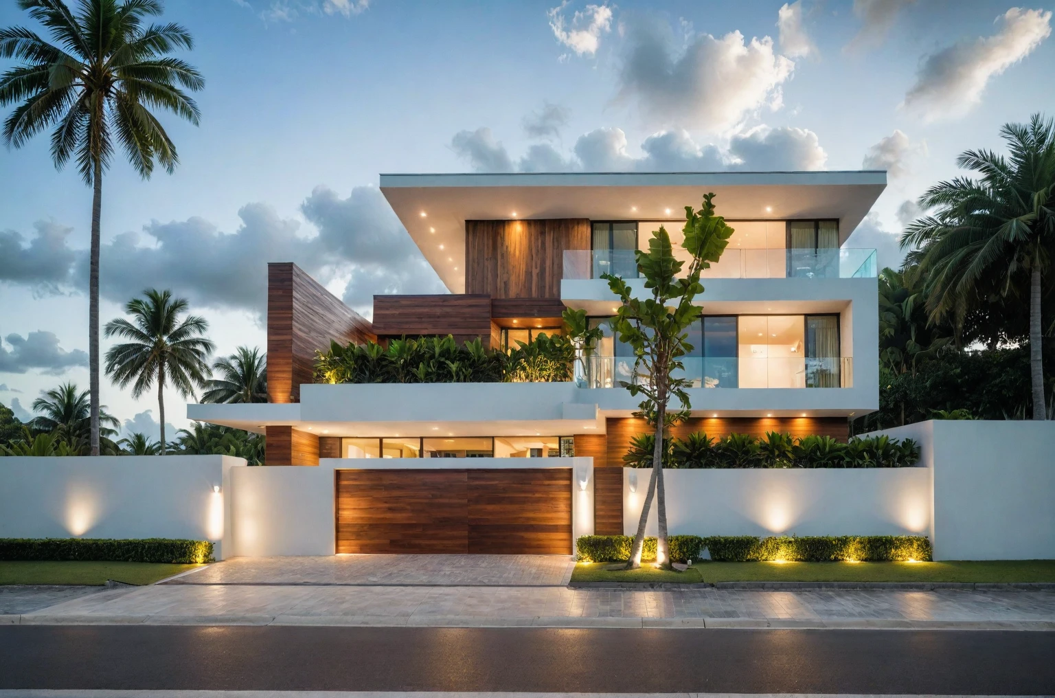 exterior house, contemporary style, white wall, wood wall, steel door, glass window, (realistic:1.2), Masterpiece, high quality, best quality, authentic, super detail, outdoors,road, trees, sky, cloud, (daylight:1.1), modern luxury villa, coconut trees, landscape, along the white beach, clear sky, day time, warm lighting RAW Photo, RAW texture, Super Realistic, 32K UHD, DSLR, soft lighting, high quality, film rating, Fujifilm XT3,Modern, Residential Architecture,  car in front of house