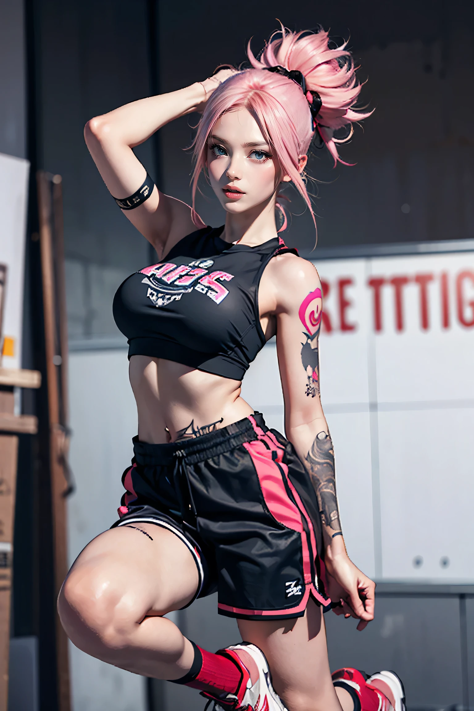 Perfect Style, Beautiful Face, Highly detailed face and skin texture, (Maximum resolution: 1.2), 1 female, alone, Hip Up, jewelry, (((He has many tattoos all over his body)), Streetwear, Play sports often, Pink Hair, Shorts, Sports boots, (((Tight waist))), ((Big Breasts))