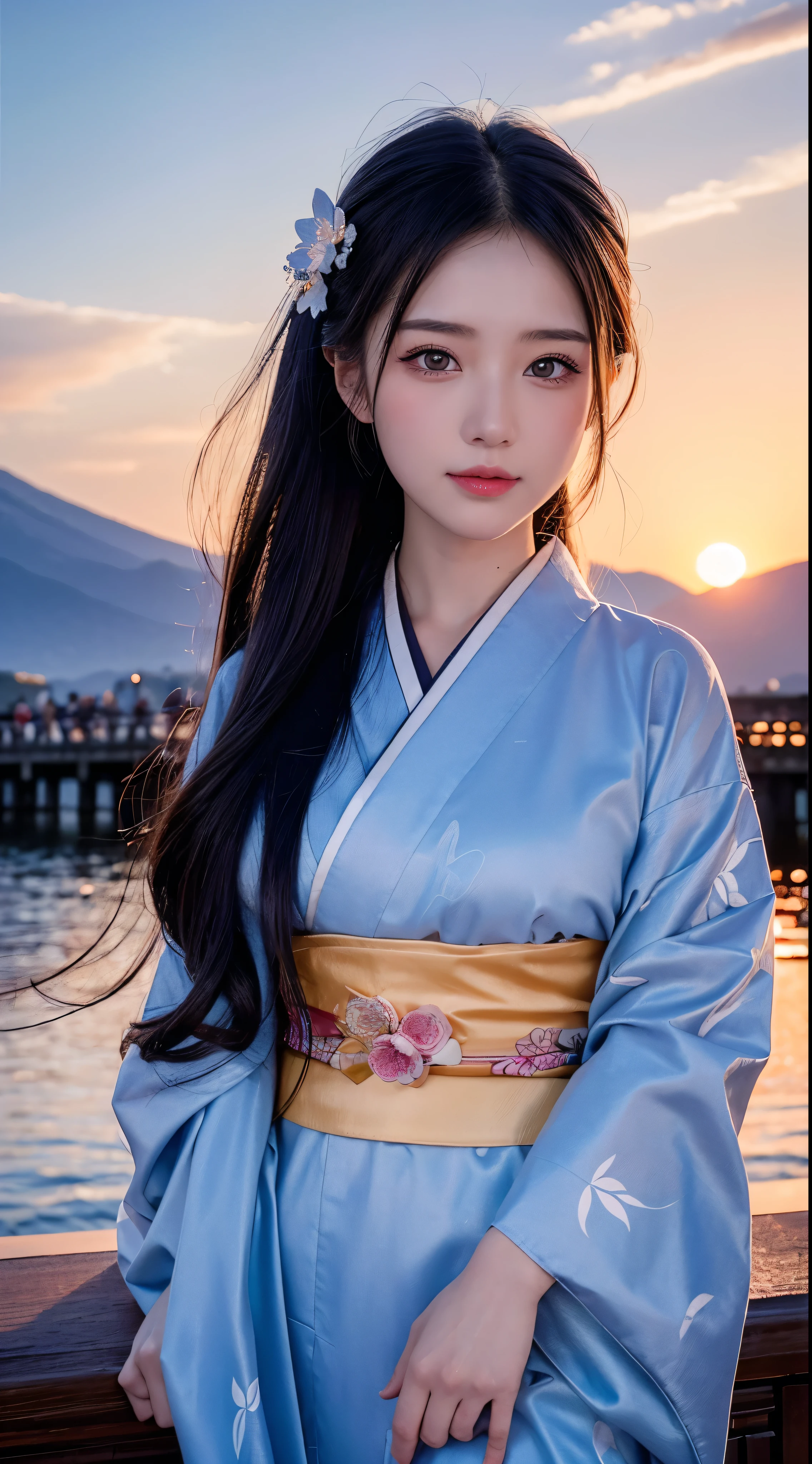 Top quality masterpiece:1　.2Ultra high definition、High resolution、Beautiful Woman in Kimono Ultra HD Detailed Background:1.37 Detailed Eyes:1.5、Beautiful detailed eyes anime:1.2、Anime Style 1 Girl:1.2 people、Young girl:1.2 people beautiful girl:1.37、Long Hair Girl:1.4。Expressive Face:1.5、Kimono with expressive anime faces:1.2、Vibrant kimono Mount Fuji scenery:1.37、Outdoor、Beautiful sunset sky:1.4、Facial details