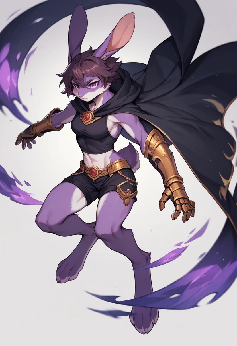 create a picture of a female half rabbit character  with purple giant rabbit digitigrade legs with white paws, put purple rabbit ears on top of her head, make her wearing a royal looking black cloak with golden accents and black shorts with golden accents and black gauntlets with purple lights, put purple fur on her arms from her elbows down, give her short brown hair, make her legs look fluffy and furry, make it in an anime style, keep her barefoot, make her wearing a black athletic tank top underneath the cloak, make the gauntlets black