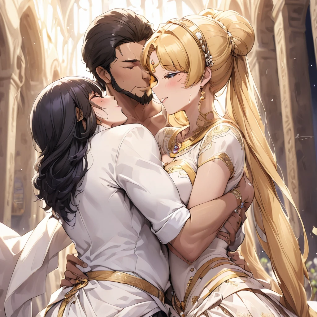 ((Highest quality)), ((masterpiece)), (detailed), （Perfect Face）、The woman is an Egyptian wife, Tsukino Usagi, and is getting married in an Egyptian church in a gorgeous, glittering Egyptian traditional wedding dress with gold embroidery, a hijab, gorgeous jeweled accessories, and an engagement ring. She is embracing and kissing a dignified, bearded, middle-aged Egyptian man, and getting married.、The woman is the elegant Tsukino Usagi, with long blonde hair in a chignon twin tail.