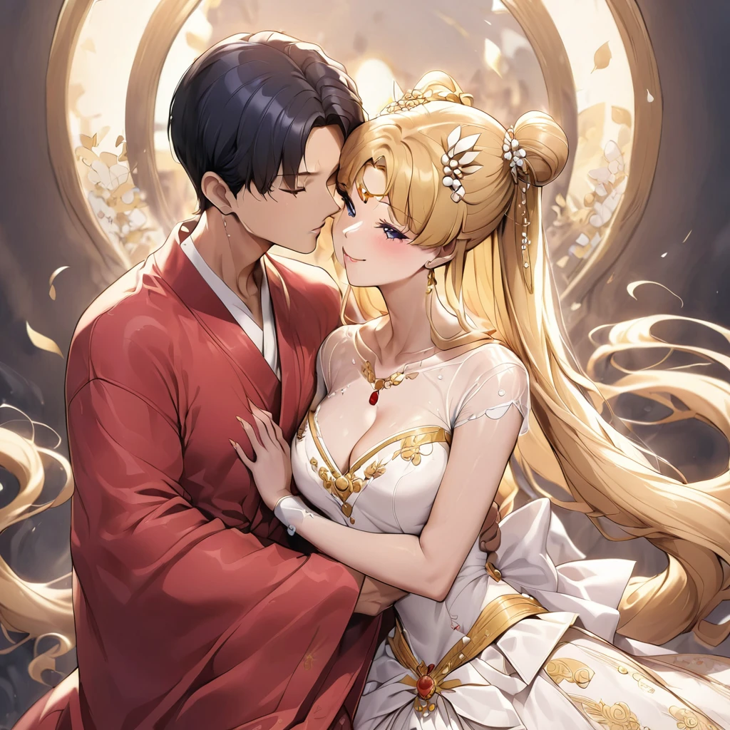 ((Highest quality)), ((masterpiece)), (detailed), (Perfect Face)、The woman is Tsukino Usagi, with long blonde hair in a chignon twin tail, and is the empress of the First Emperor of ancient China.、A woman is wearing a gorgeous and dazzling red ancient Hanfu wedding costume and luxurious jeweled accessories in an ancient Chinese palace, and is embracing and kissing a dignified man, the First Emperor, in a luxurious ancient Chinese palace.、The man is the First Emperor of ancient China, wearing a wedding dress and embracing the woman in a kiss of vows to get married.