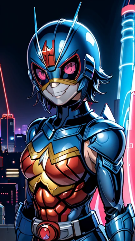 (8k),(masterpiece),(Japanese),(***************),((innocent look)),((Childish)),From the front,smile,cute,Innocent,Kind eyes,Flat chest,blue helmet,red domino mask,Wonder Woman,short,Black Hair, hair covered inside the helmet,Strong wind,night,dark, Neon light cyberpunk city,Kamen rider, superhero,Ringo! style