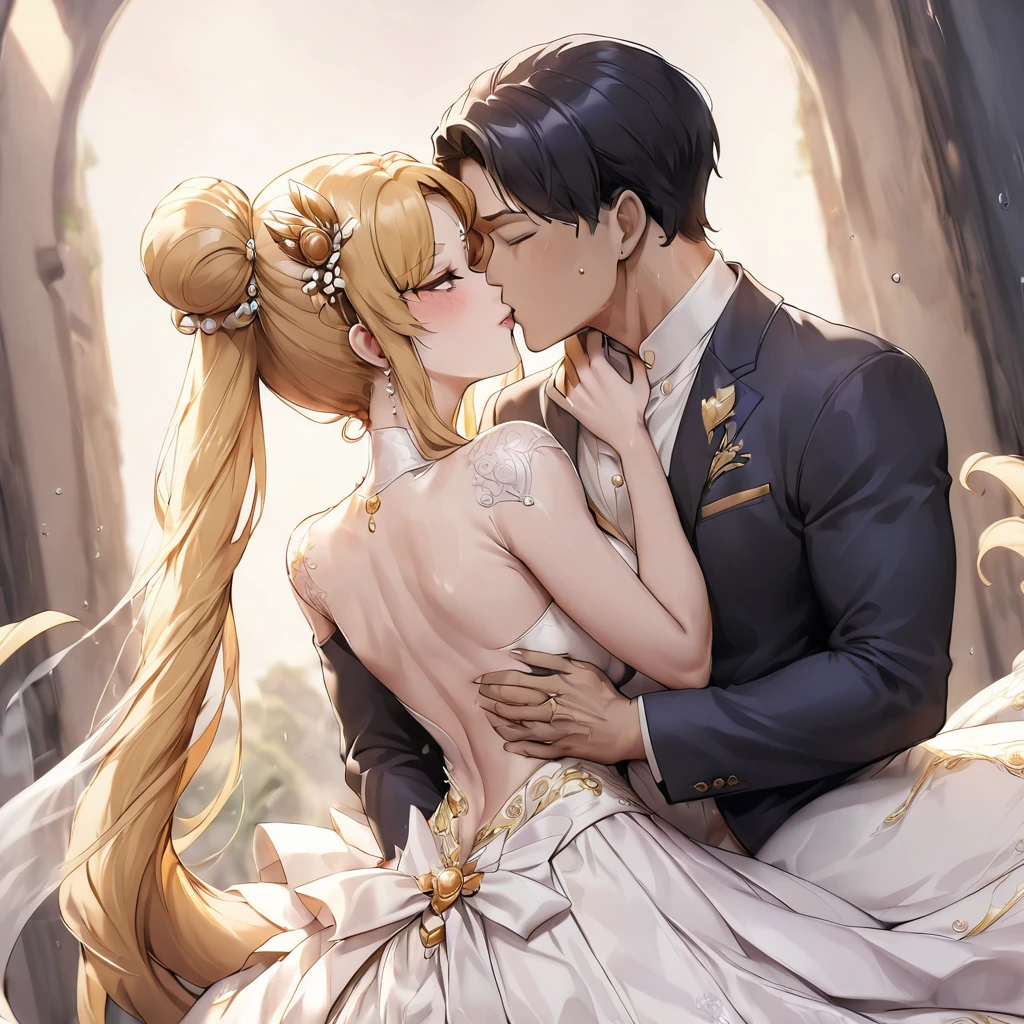 ((Highest quality)), ((masterpiece)), (detailed), (Perfect Face)、The woman is Tsukino Usagi, with long blonde hair in a chignon twin tail, and is the empress of the First Emperor of ancient China.、A woman is wearing a gorgeous and dazzling red ancient Hanfu wedding costume and luxurious jeweled accessories in an ancient Chinese palace, and is embracing and kissing a dignified man, the First Emperor, in a luxurious ancient Chinese palace.、The man is the First Emperor of ancient China, wearing a wedding dress and embracing the woman in a kiss of vows to get married.