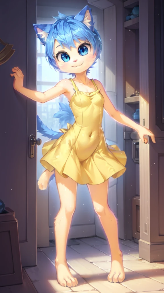 (best quality, masterpiece:1), solo, (shaded face:1.2), furry female anthro, cat, Joy (inside out), blue hair, spiky hairstyle, standing, tail, smile, looking at viewer, :3, ((yellow dress)), feets with three toes, full body, detailed face, detailed body fur, detailed eyes, skinny, glistering body, shiny body, 