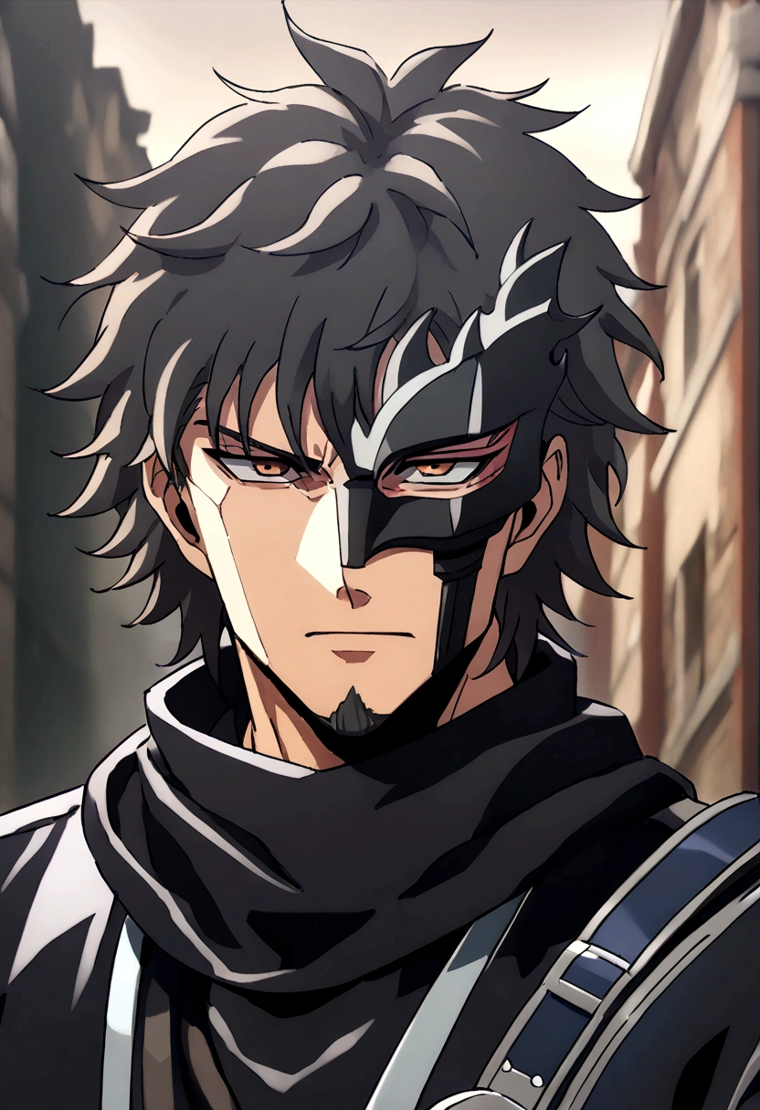 Anime man, shaved beard, serious face, black fluffy messy hair, black suit, cool, ((best quality)), black scarf, black waist straps, Fanny pack across shoulder, Crystal shaped black mask