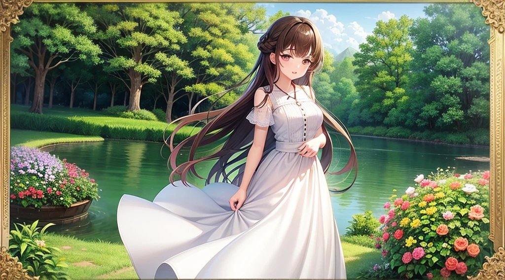 best quality, masterpiece, ph utaha, 1girl, solo, hat, jewelry, long hair, dress, smile, wrist scrunchie, breasts, sun hat, necklace, choker, white background, simple background, red eyes, scrunchie, white headwear, cleavage, black hair, white dress, sleeveless, ribbon, blush, hands on headwear, pendant, medium breasts, sleeveless dress, purple hair, brown eyes, collarbone, large breasts, bare shoulders, bangs