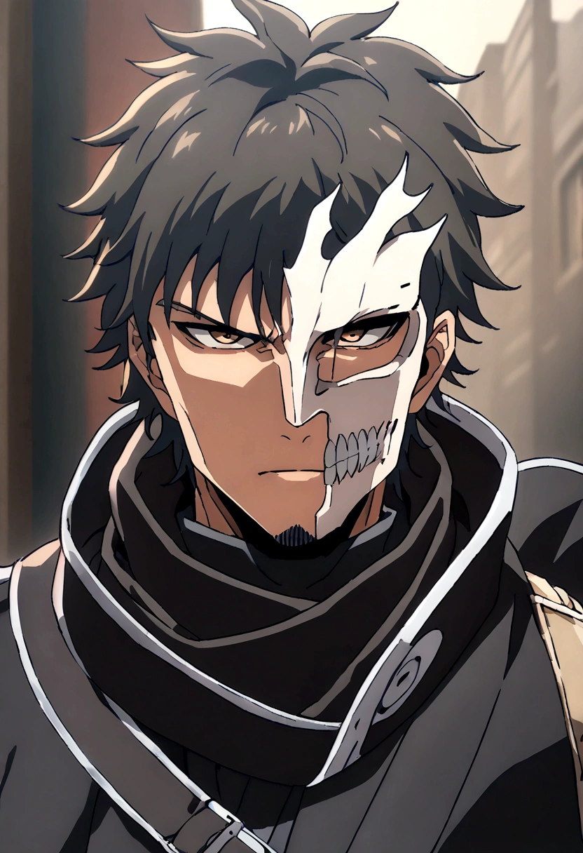 Anime man, shaved beard, serious face, black fluffy messy hair, black suit, cool, ((best quality)), black scarf, black waist straps, Fanny pack across shoulder, hollow mask