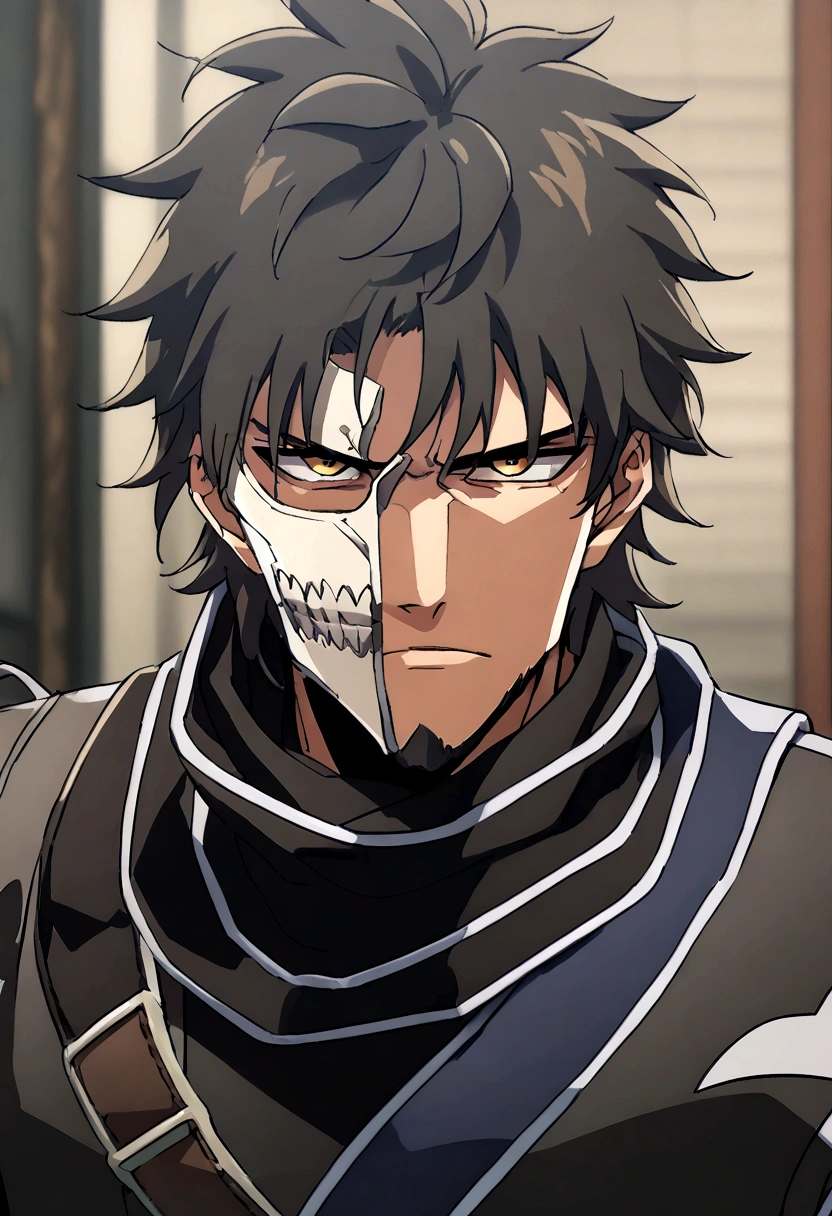 Anime man, shaved beard, serious face, black fluffy messy hair, black suit, cool, ((best quality)), black scarf, black waist straps, Fanny pack across shoulder, hollow mask