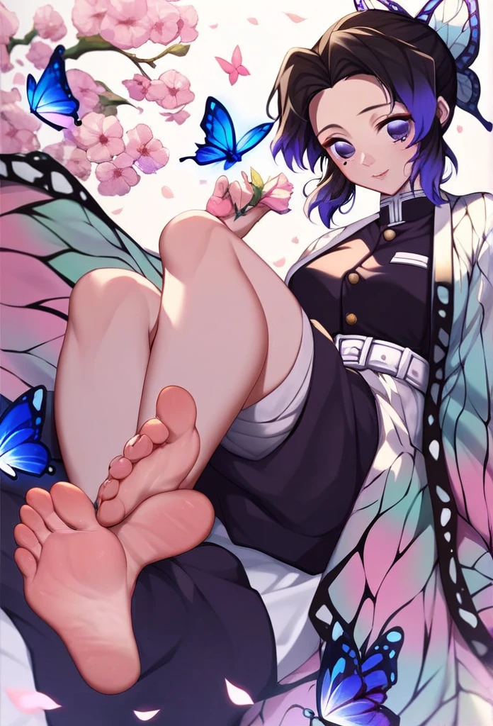 score_9,score_8_up,score_7_up,score_6_up,score_5_up,score_4_up, kochou_shinobu, kimetsu_no_yaiba, 1girl, butterfly_hair_ornament, purple_eyes, showing soles, 5 toes