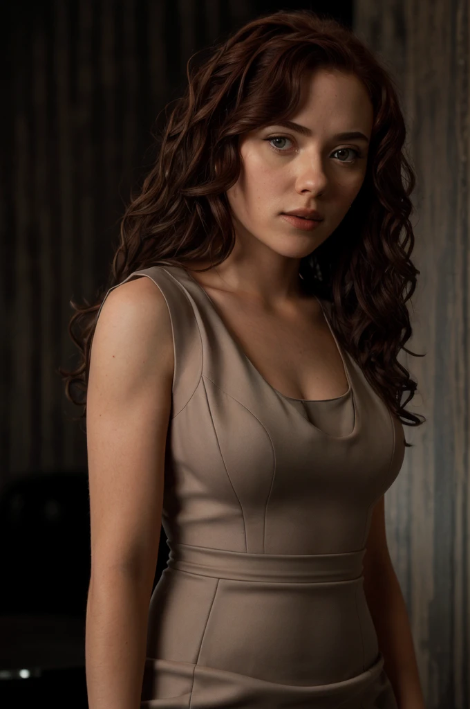 real, atmospheric scene, masterpiece, best quality, (detailed face, detail skin texture, ultra-detailed body),(cinematic light),
1girl, s04r13t1i2-smf, dress, sleeveless, long hair, curly hair, brown hair