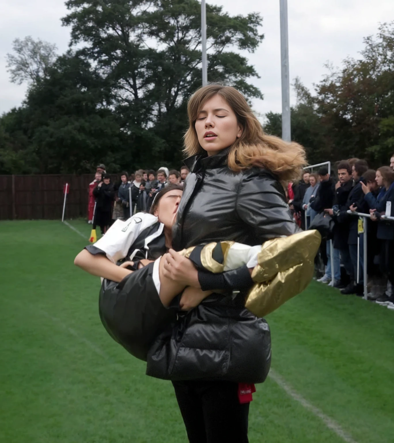 soccer action pose, affection pose, lecherous action pose, dramatic action pose, theatralic pose, there is an attractive woman that is carrying a suffering sportsman, there is a beautiful woman in a very very shiny waterproof coat who is carrying a consciousless and shorthaired man in her arms, a longhaired beautiful woman in a high-shine black puffy coat, a longhaired woman in a shiny downcoat, a woman is carrying a shorthaired man who is wearing matte cotton shorts and a matte cotton t-shirt, a weak man in matte cotton sports shorts is consciousless and needs to be carried, a shorthaired man with closed eyes is carried in the arms of a longhaired woman, a woman looks very scared and terrified, a consciousless man with closed eyes is suffering very much and has a very painful face, photo, photo shoot, photographed , accident, help, aid, first aid, pity