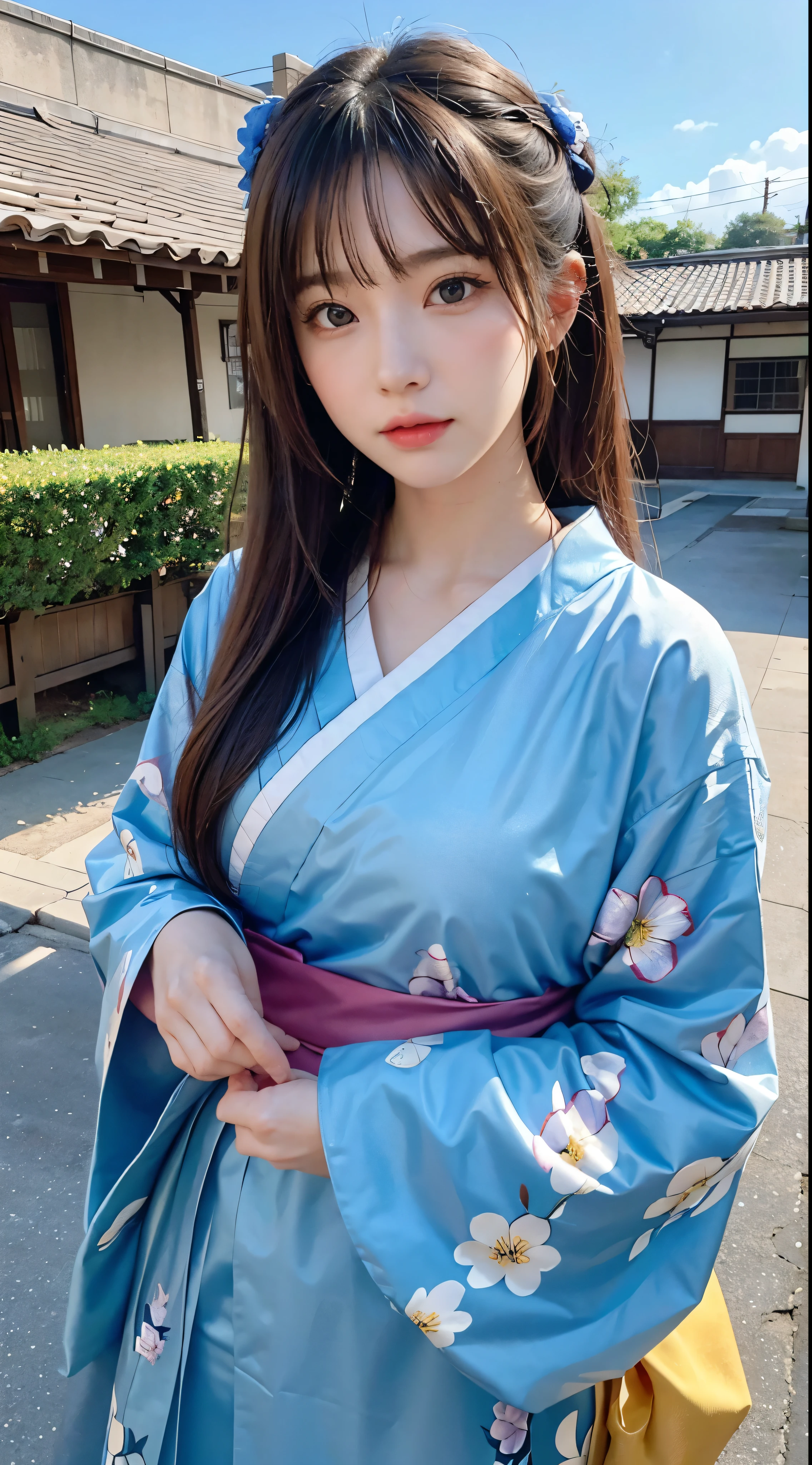 Top quality masterpiece:1　.2Ultra high definition、High resolution、Ultra HD Detailed Backgrounds:1.37 Detailed Eyes:1.5、Beautiful detailed eyes anime:1.2、Anime Style 1 Girl:1.2 people、Young girl:1.2 people beautiful girl:1.37、Long Hair Girl:1.4。Expressive Face:1.5、Kimono with expressive anime faces:1.2、Vivid Kimono ，Landscape from the top of the hill:1.37、Outdoor、Beautiful summer sky:1.4、Please change the filled area to background.,