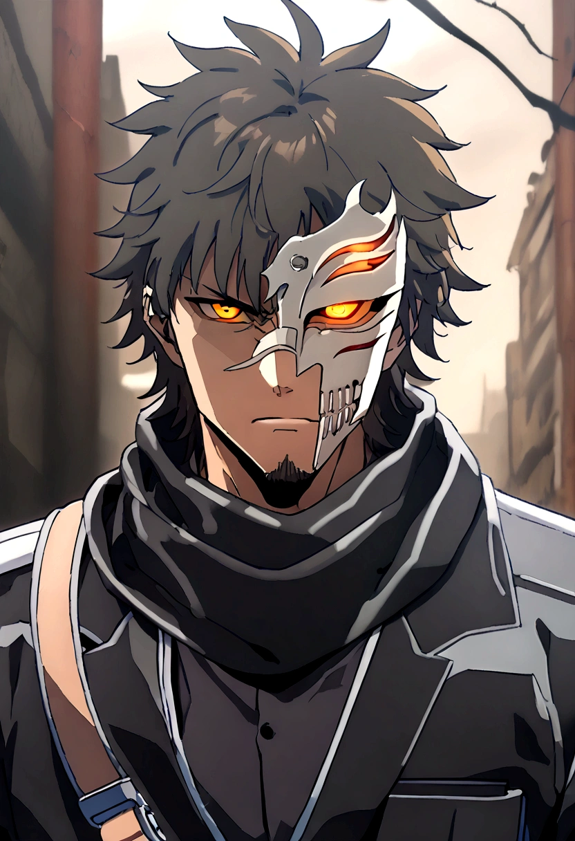 Anime man, shaved beard, serious face, black fluffy messy hair, black suit, cool, ((best quality)), black scarf, black waist straps, Fanny pack across shoulder, full hollow mask orange glowing eyes