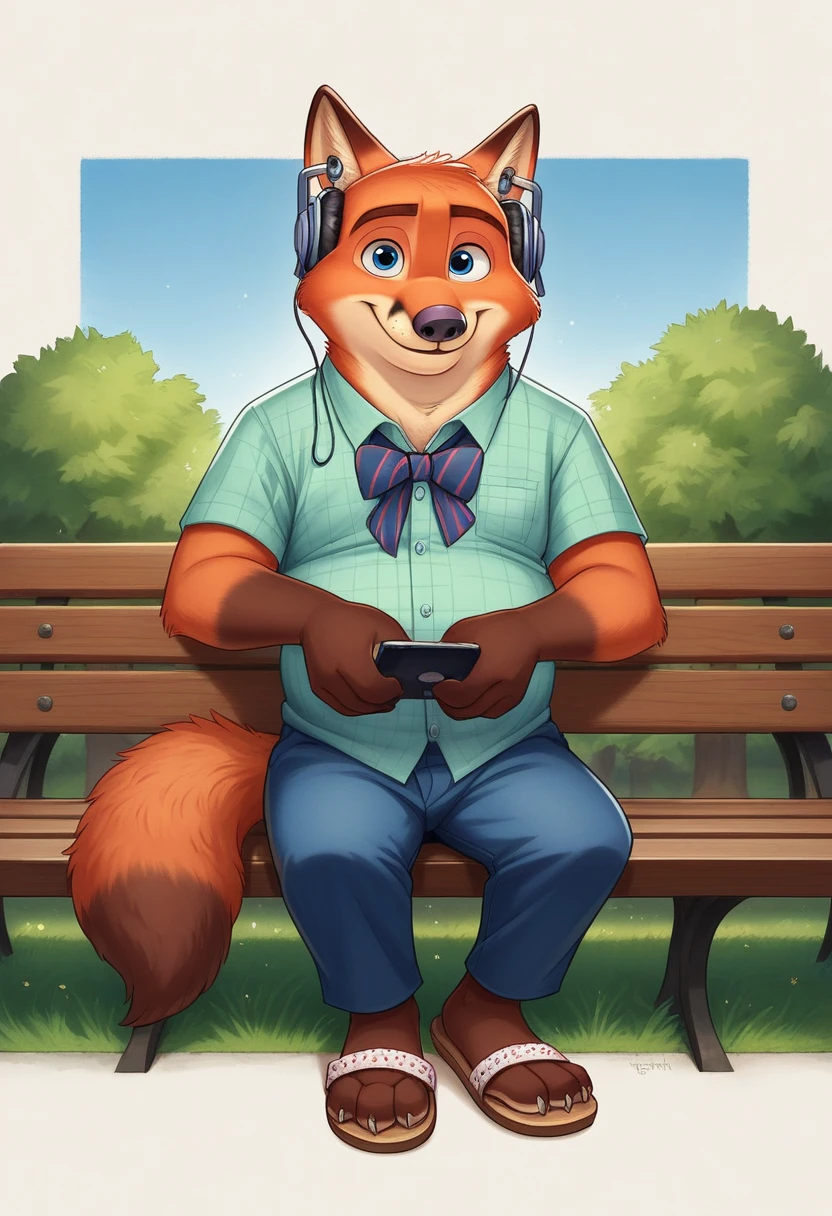 Hyperrealist art, furry portrait, vivid colours, full body picture, full figure image, masterpiece, best quality, high resolution, brawny barefoot Gideon Grey blue eyes brown hair, Zootopia, cute, beefy, chubby, male fox, redish fur, longer fur on cheeks, side part hair style, shorter snout) in casual teens clothes hoodie, long pants,shoes,sandals high heels, sitting on park bench, detailed nice feet with short claws, watching video on smartphone, red glow in his eyes, smiling, Earplug Headphones. detailed background, anatomically correct, 8k, (wide dynamic range, dynamic angles and pose:1.2), sharp, focused, (DOA):1.23, (Particle),(author:by Jackaloo)